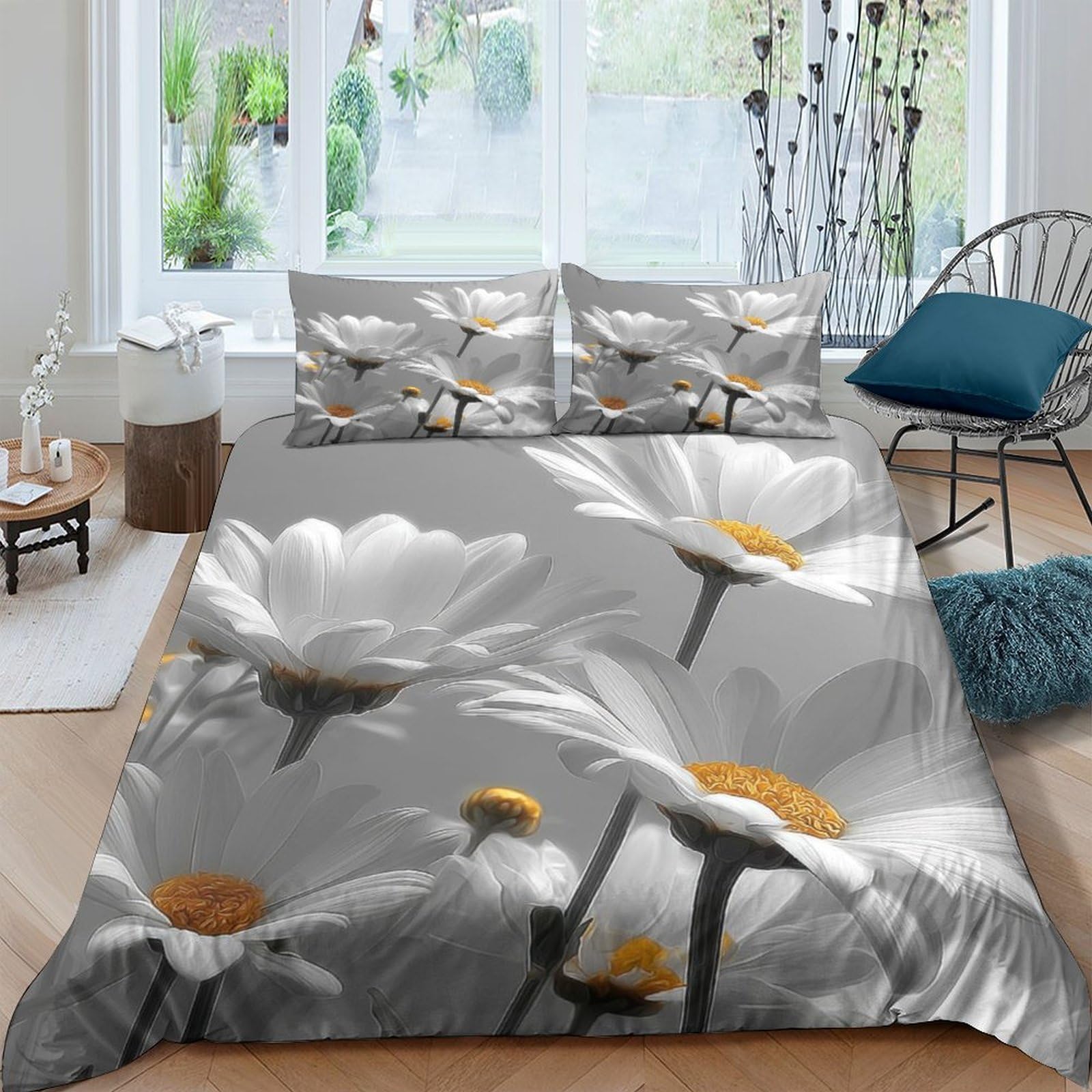 Ctjqhvkz Style-2 3D Printed Daisy Flower Fitted Sheet Microfiber Breathable Yellow Chamomile Bed Cover For Bedroom Dorm Mattress Decor Single（135X200cm）