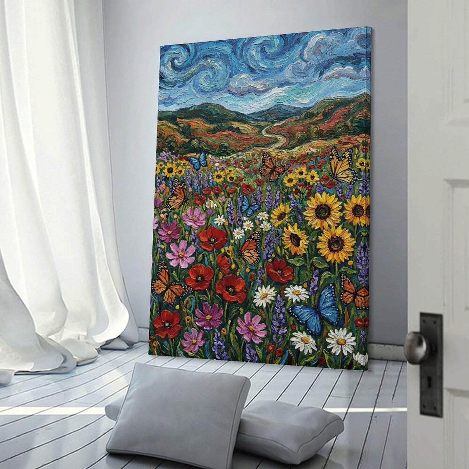 Junmoney Vibrant Floral Meadow with Butterflies Painting Canvas Wall Art, 12x18inch(30x45cm), for Bedroom Decor, Cosy Corners Or Studios, Stylish Decor for A Restful Room Update