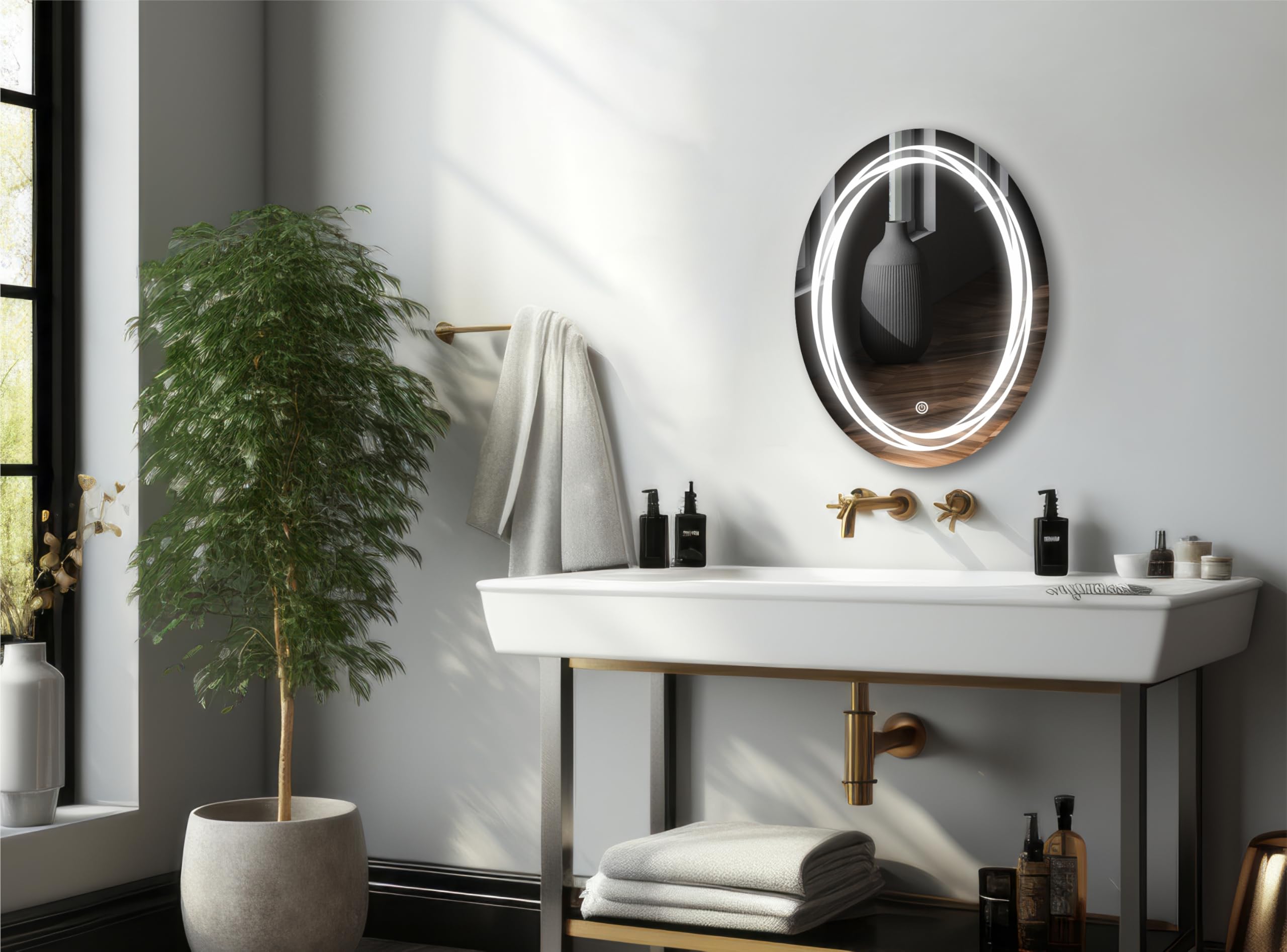 Oval Frameless LED Mirror – Wall-Mounted Smart LED Mirror with Touch Sensor & Energy-Saving Lighting | Lighted Vanity Mirror for Makeup & Dressing Room (17.75 x 23.75 inch)