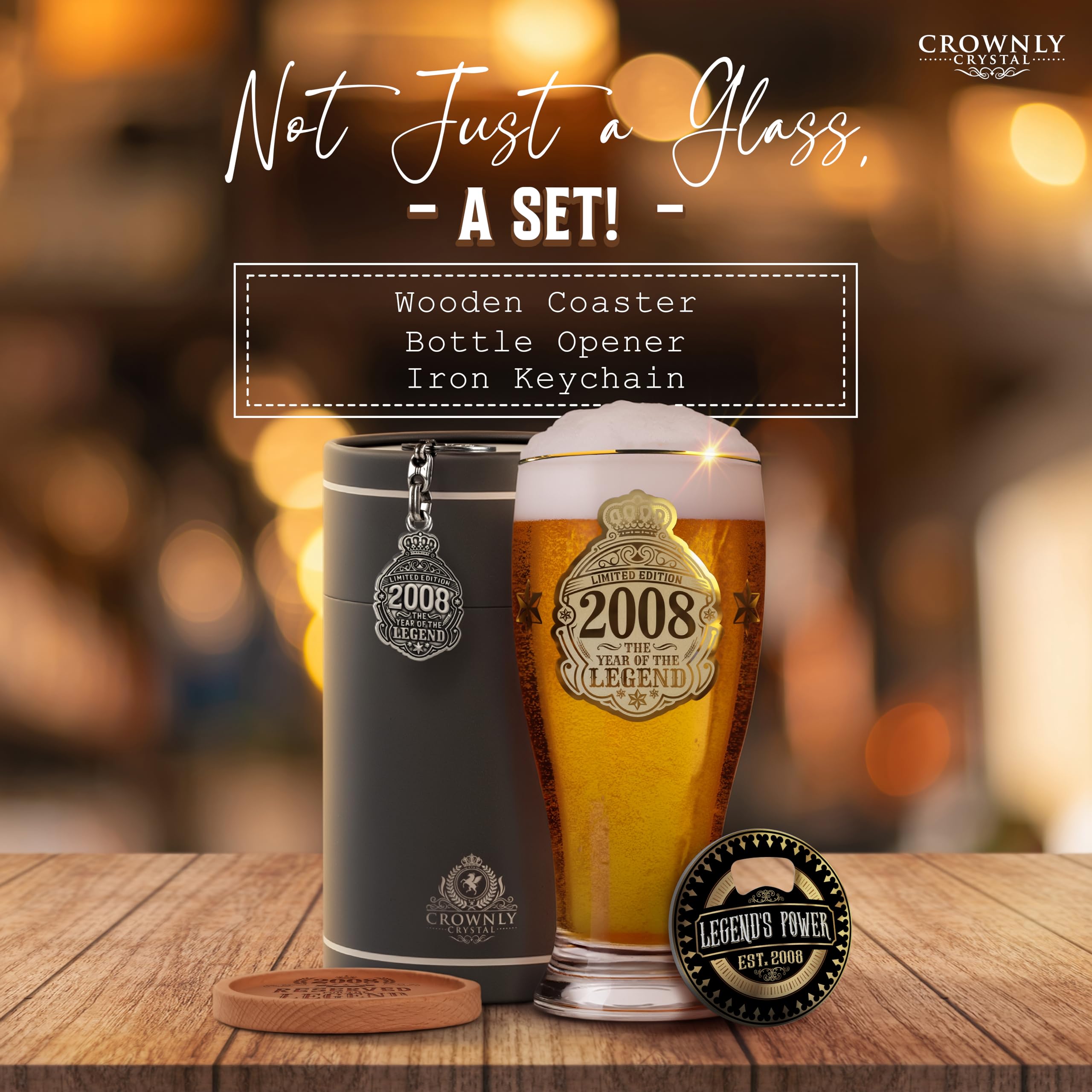 CROWNLY CRYSTAL® 2008 Regalo 18 Anni Ragazzo Bicchieri Birra 570 ml Bicchieri Personalizzati Decorazioni Compleanno 18 Biglietto Auguri 18 Anni Regalo Compleanno Uomo Regalo Amica Regalo Amico