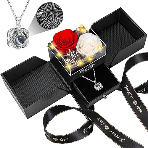 2 Preserved Real Rose with Heart I Love You Necklace-