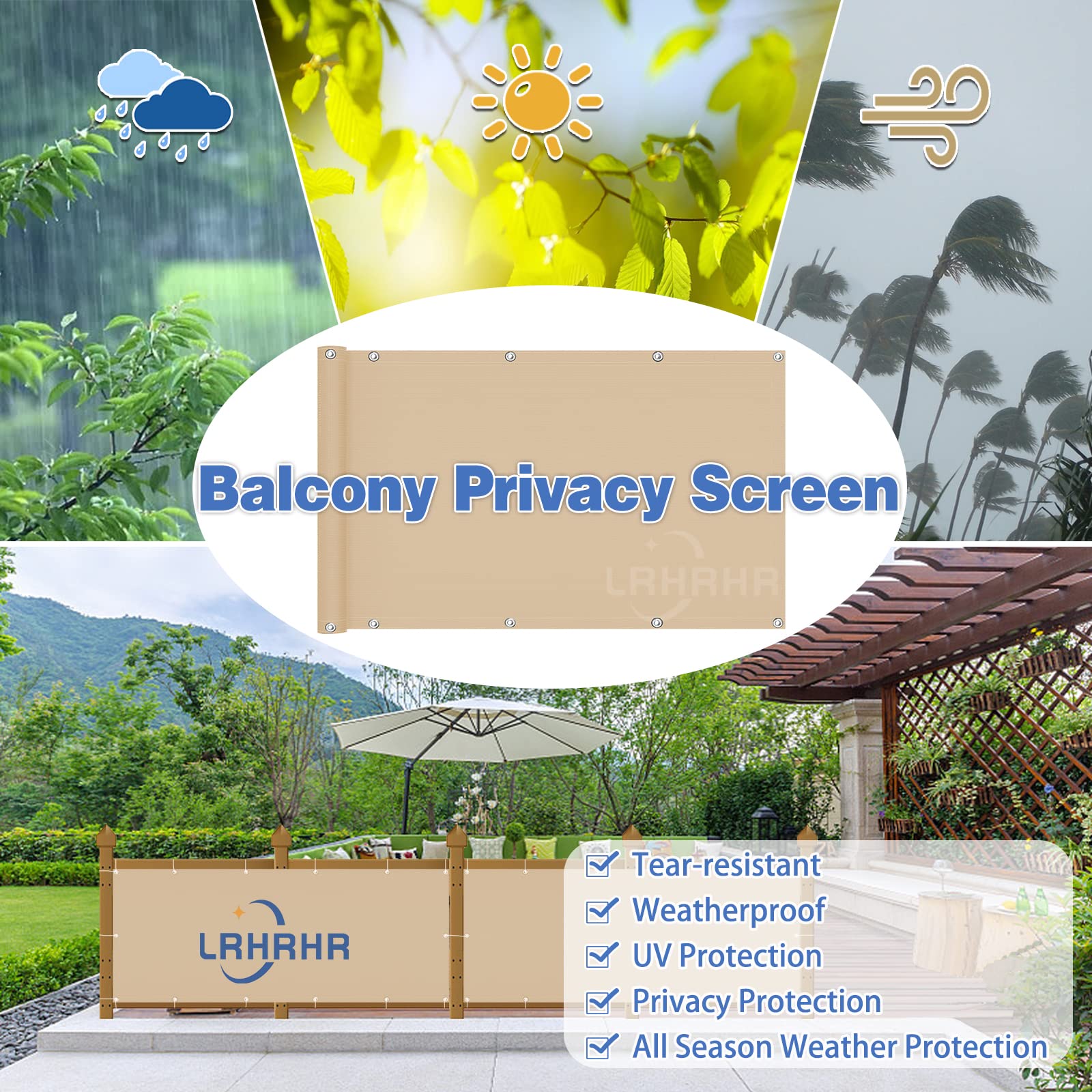 Osłona balkonowa, ochrona przed wzrokiem, na patio, wodoodporna, blokada promieniowania UV, osłona balkonowa z opaskami kablowymi i liną, piaskowa, 60 x 1000 cm