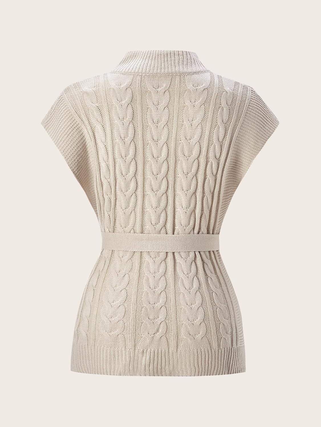 Women's Mock Neck Cable Knit Long Sweater Vest Belted Split Hem Cap Sleeve Dressy Casual Sweaters