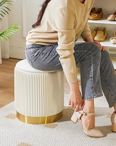 Miniatura 8 de IBUYKE Juego de 2 otomanas redondas de almacenamiento para dormitorio, taburetes de tocador con reposapiés de terciopelo, mesa auxiliar, otomana