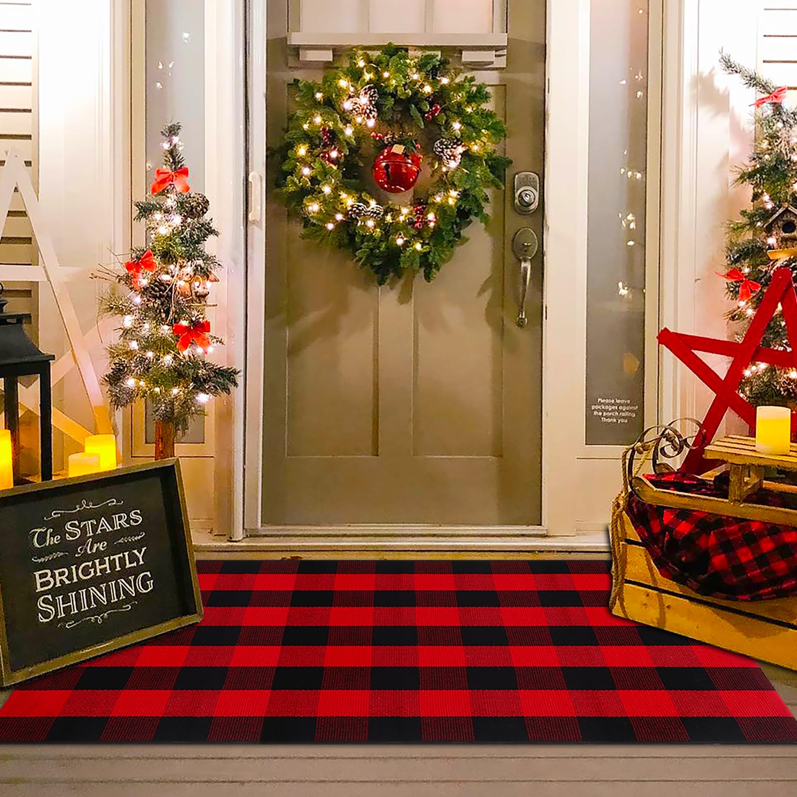 Christmas Red and Black Plaid Rug - 3' x 5' Outdoor Front Door Decor Mat Cotton Washable Hand-Woven Rug Christmas New Year Holiday Porch Entryway Layered Doormat