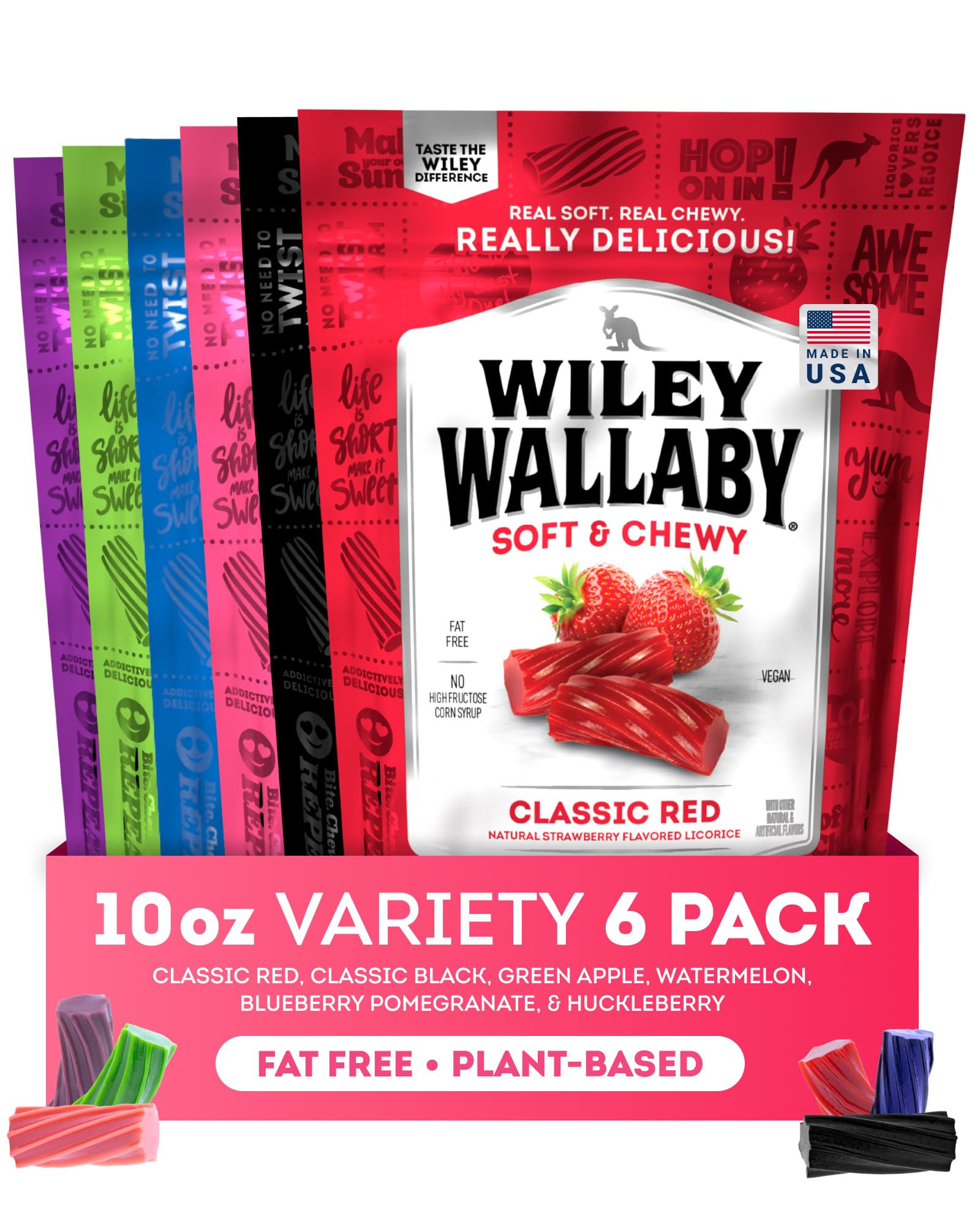 Wiley Wallaby Licorice 10 Ounce Classic Gourmet Australian Style Soft & Chewy Licorice Candy Variety Pack Twists, 6 Pack