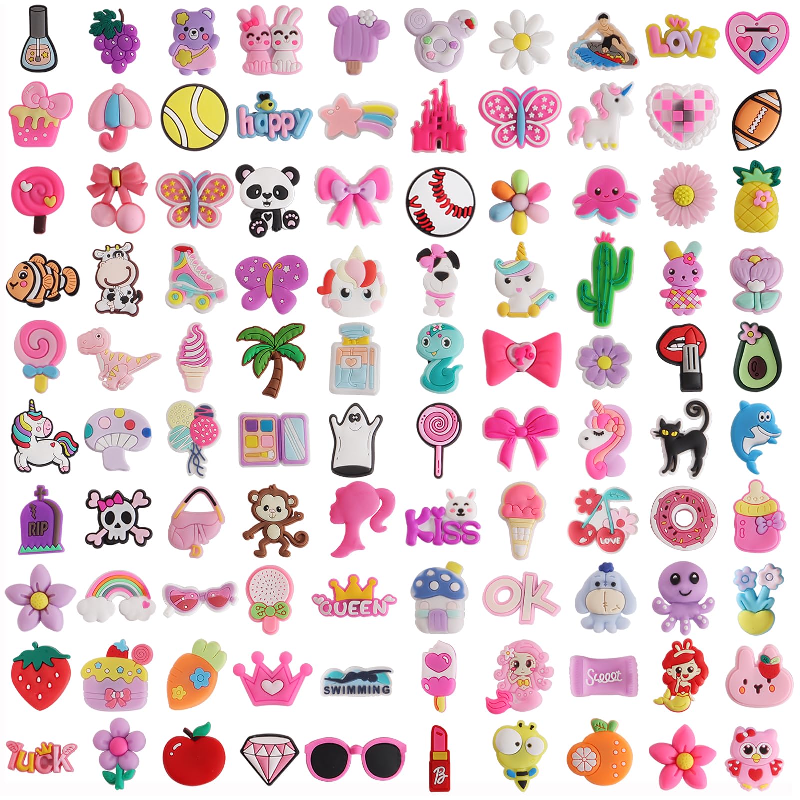 100-Piece Decorative Shoe Chram Set for Women's Clog Shoes - Shoe Charm Pack,Bow, Hearts,Butterfly,Bow, Flowers & More