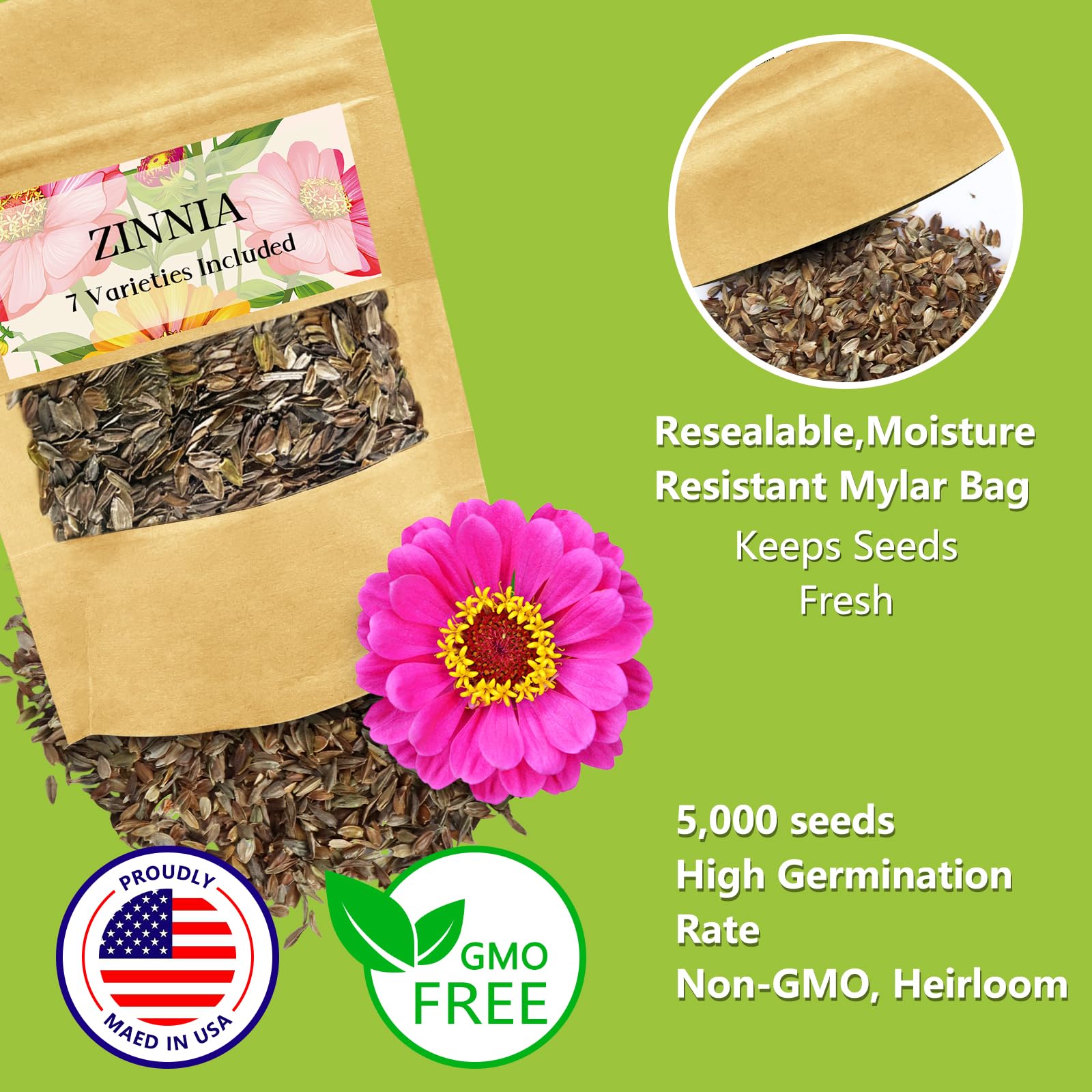 Zinnia Seeds Bulk 5,000+ | Flor de exterior para plantar | Semillas gigantes de zinnia para 2025 | Colores mezclados y flores grandes para jardines | Alta germinación, aptas para principiantes 6