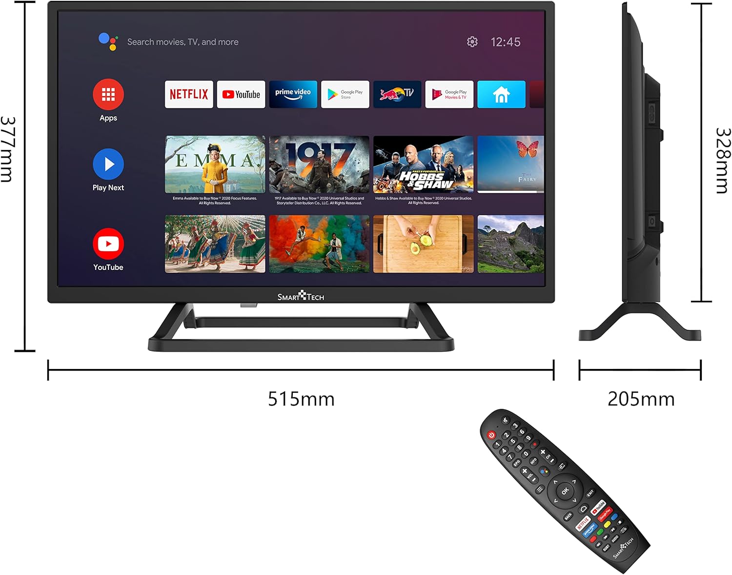 SMART TECH 24HA10T3 - Tv LED 24 pollici HD Android 9.0, Quad Core, 1G/8G, DVB-T2/C/S2, H.265, HDR 10, Dolby Audio, 2T2R Wi-Fi, Bluetooth, Google Assistant, Netflix/YouTube/Prime Video,HbbTV, Nero