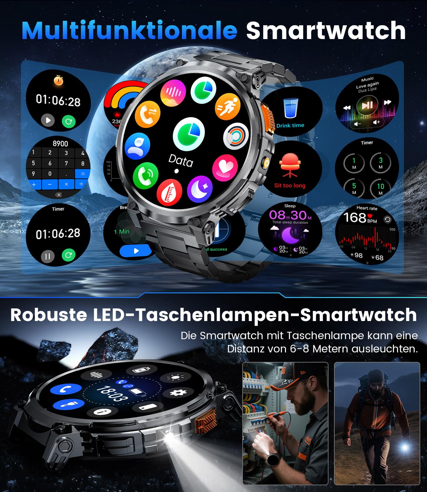 ESFOE Reloj Inteligente Hombre Militar con 1000mAh/LED Linterna,1.85” Grandes Smartwatch Hombre Llamadas,5 ATM Impermeable/130+ Modos Deportivos/Pulsómetro,Pulsera Actividad Android iOS Carbón Mate