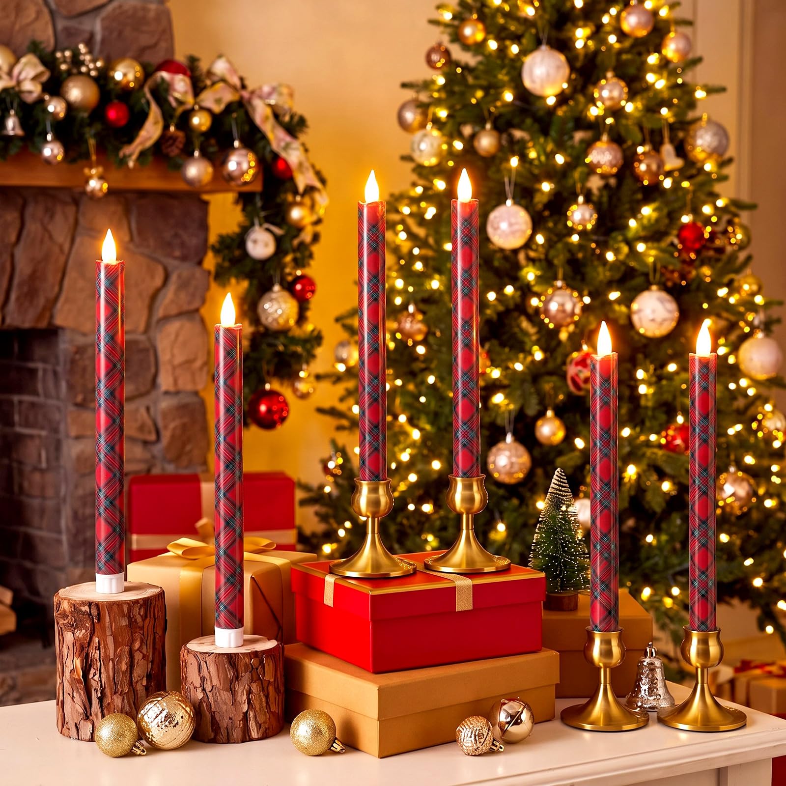 6 Pcs Christmas Tartan Plaid Flameless Candle, Xmas LED Candlesticks, Red