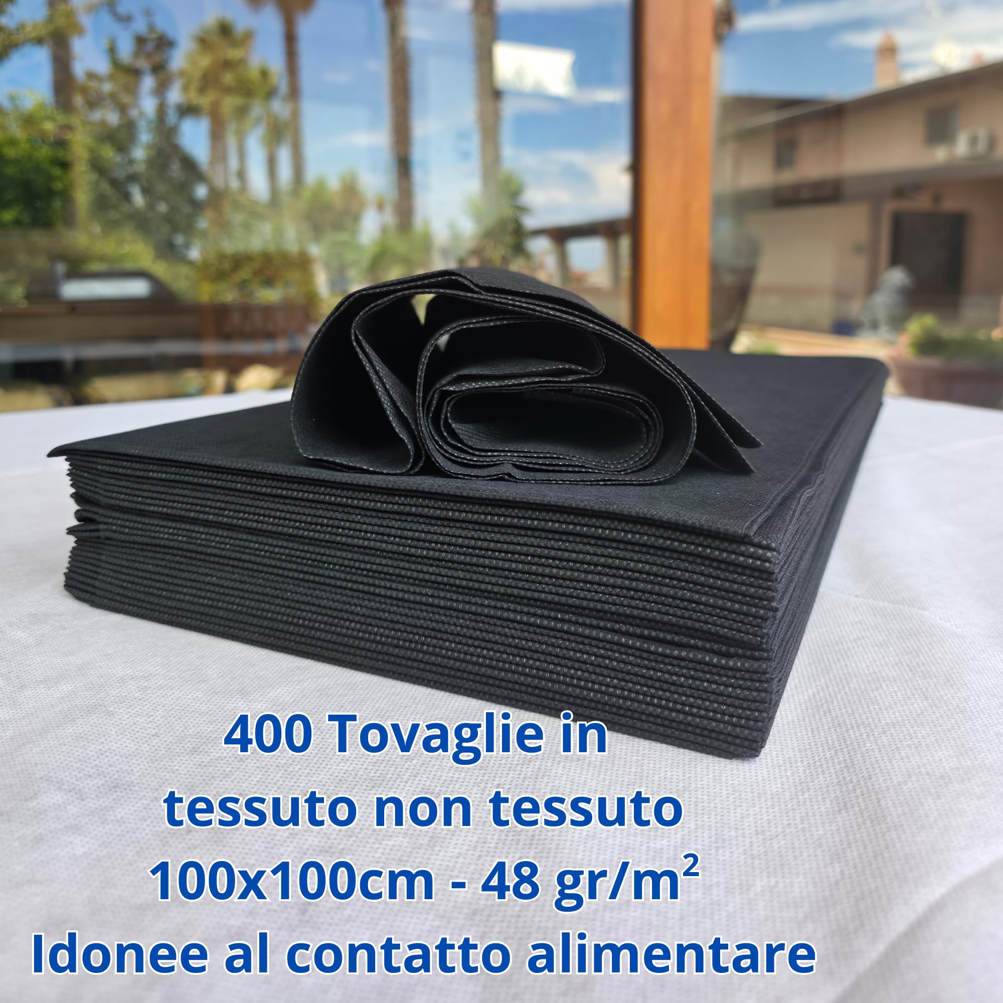 Manteles cubremanchas desechables negro TNT 100 x 100 cm resistentes tipo tela alto gramaje 48 g manteles fiesta restaurante pizzería agroturismo trattoria mantel desechable impermeable (400)