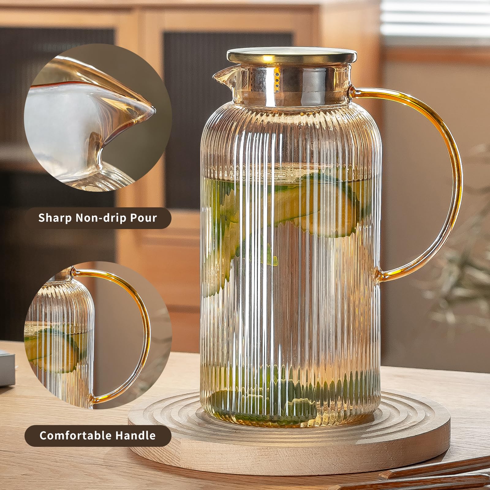 Buaic Glaskrug mit Deckel, 2 Stück, 2,5 l, bernsteinfarben, klassische vertikale Streifen, Wasserkaraffe für kaltgebrühte Getränke, Kaffee, Limonade, Eistee, Getränke, Milch, hitzebeständig