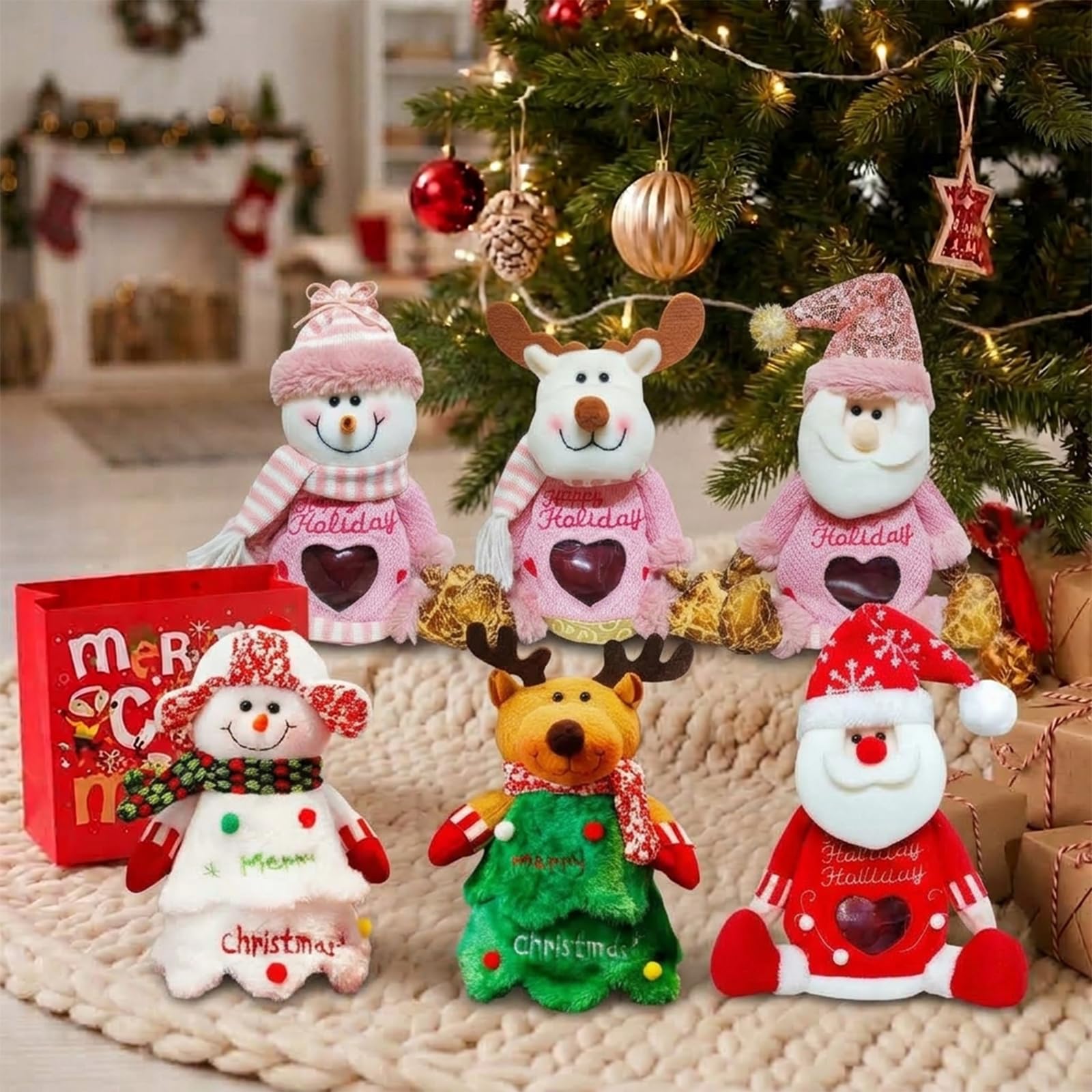 Christmas Gift Bags with Zipper, 3D Santa Snowman for Kids (D,6 PCS)