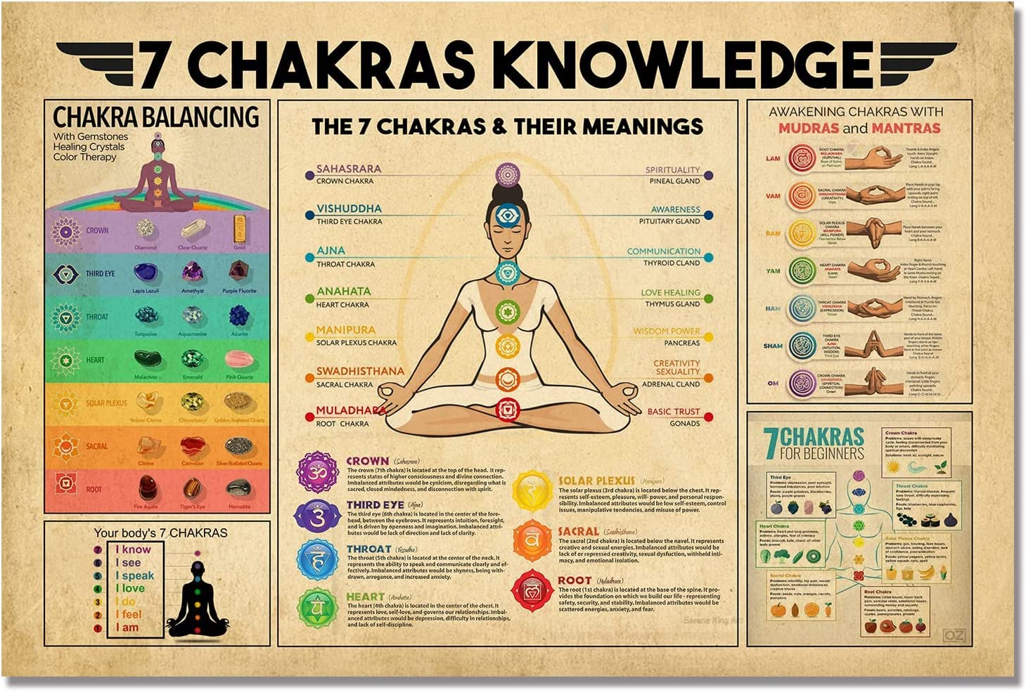 Haosensix Vintage Metal Tin Signs Yoga Poster 7 Chakras Knowledge Retro Poster Wall Art Aluminum Sign for Zen Room Decor Chakra Decor Chakra Wall Decor Plaque 12x16 Inch