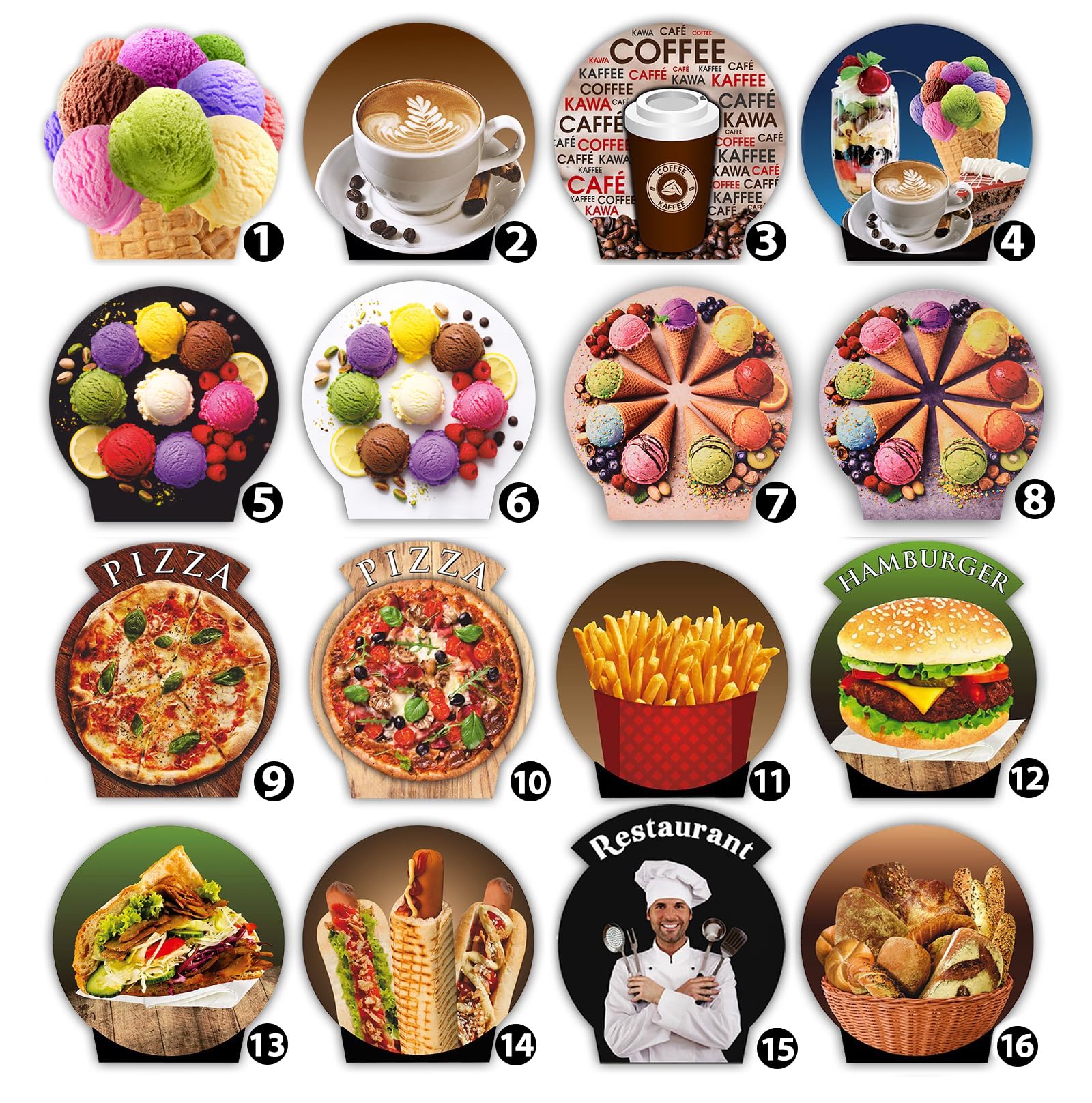 Blocco clienti double face, 192 x 74 cm, con lavagna HDF, struttura in legno marrone, 16 motivi per gelateria, caffetteria, pizzeria, ristorante e gastronomia (12° hamburger)