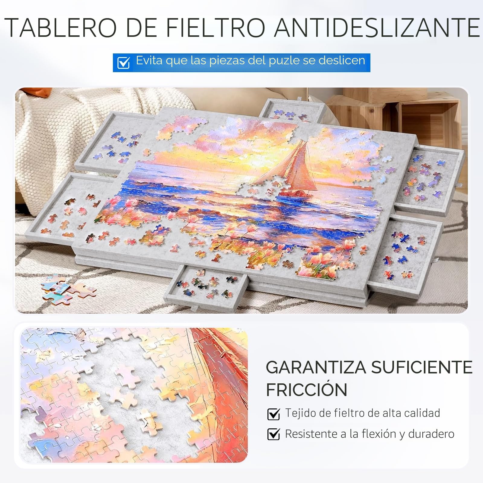 1000 Piezas Mesa de Rompecabezas con 6 Cajones, Mesa de Puzle Portátil, Puzzle Board de Fieltro Ligero, Rompecabezas de Caballete para Niños y Adultos (Gris)