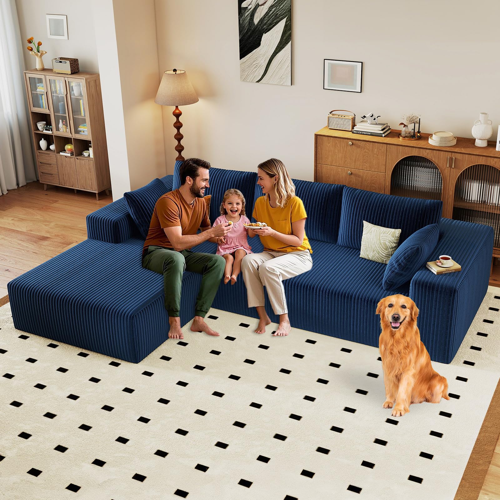 96" Modular Sectional Sofa, Modern Corduroy Cloud Couch with Deep Seat, Boneless Couch Upholstered 3-Seater L-Shaped Sofa for Living Room, No Assembly Required (Blue, Left-Facing Chaise)