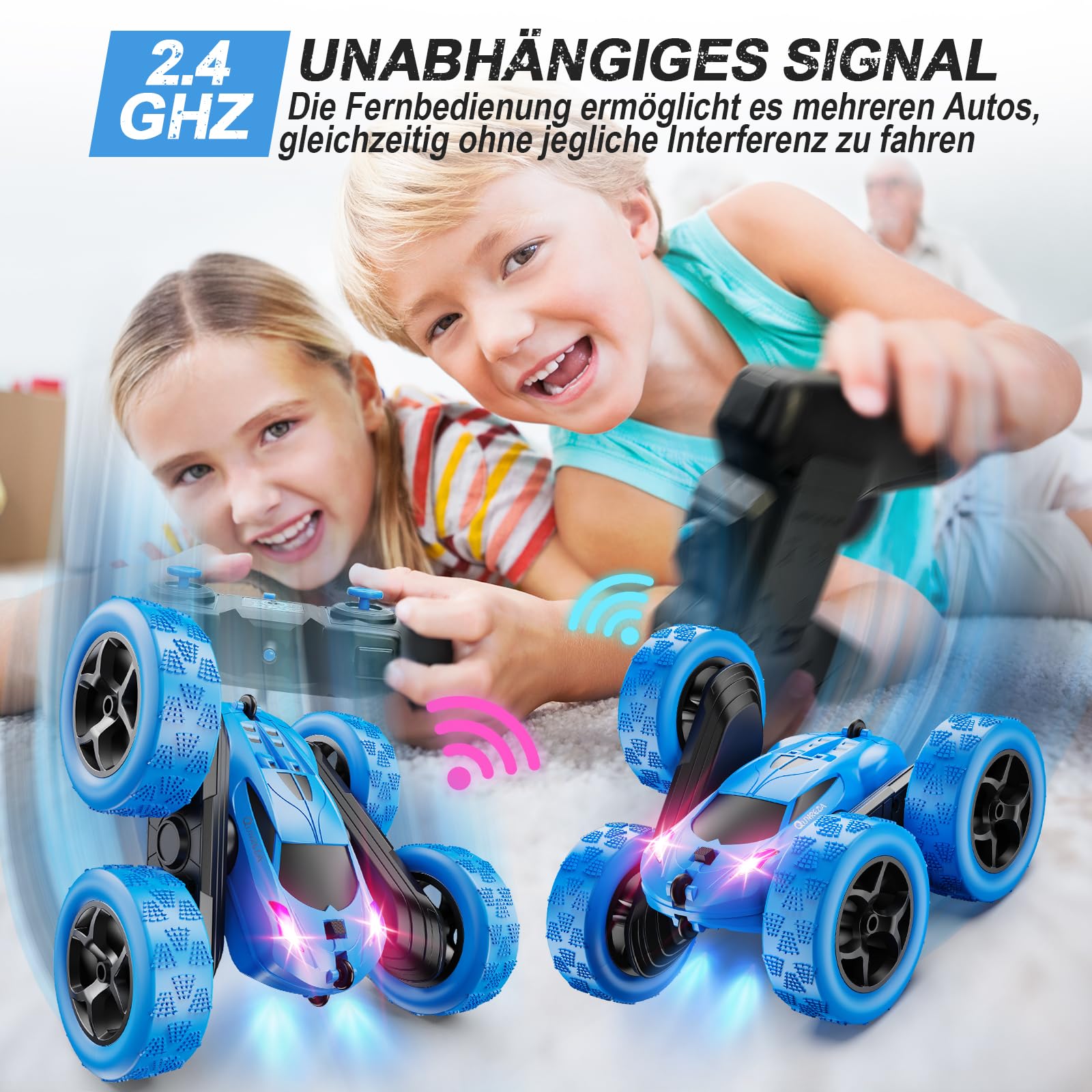 QUNREDA Ferngesteuertes Auto, RC Cars Spielzeug für Kinder im Alter von 6-12 Jahren, 4WD Stunt-Auto mit LED-Lichtern & 360°-Flips, 2,4 GHz, verbesserte USB-C-Modular-Batterien, 8-10 Jahre alte Jungen