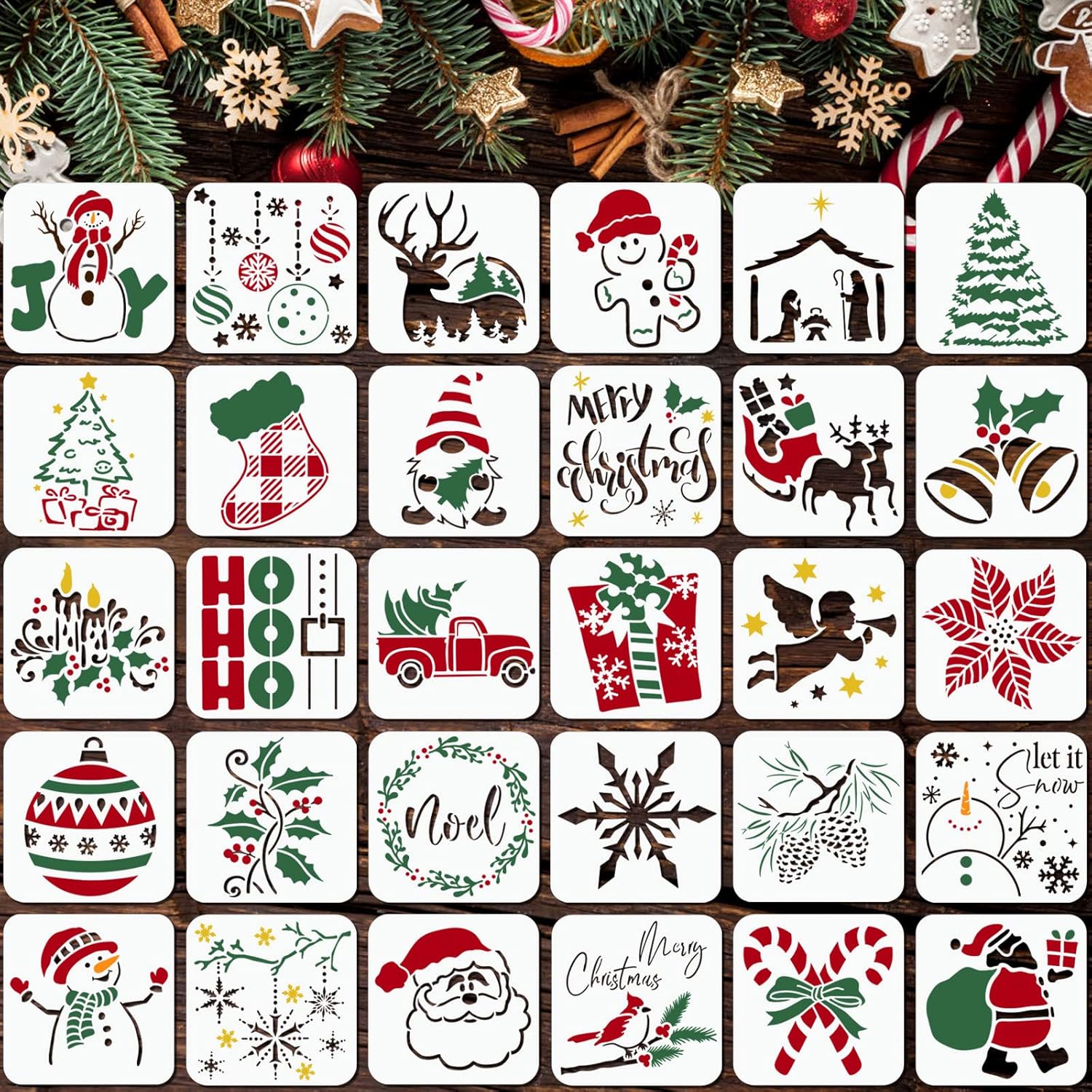 30Pcs Christmas Stencils Reusable,3x3in Small Christmas Stencil for