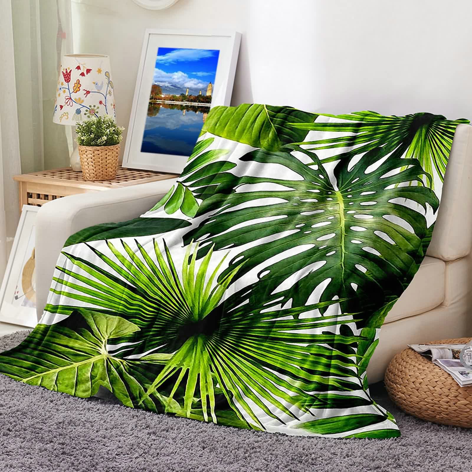 Aeici Couverture Polaire, Couverture en Flanelle Couverture 160x200 cm Feuilles de Bananier Couverture Canapé Hiver Cadeau pour Adultes et Enfants
