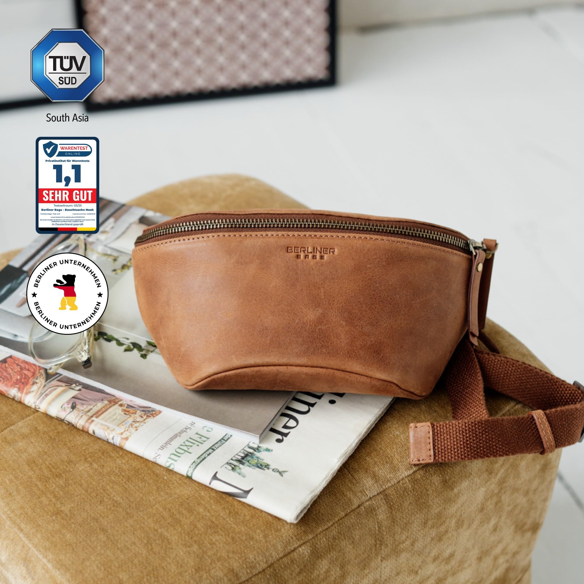 Berliner Bags Vintage Bauchtasche Noah, Umhängetasche aus Leder, Crossbody Tasche, Gürteltasche für Damen und Herren - Braun