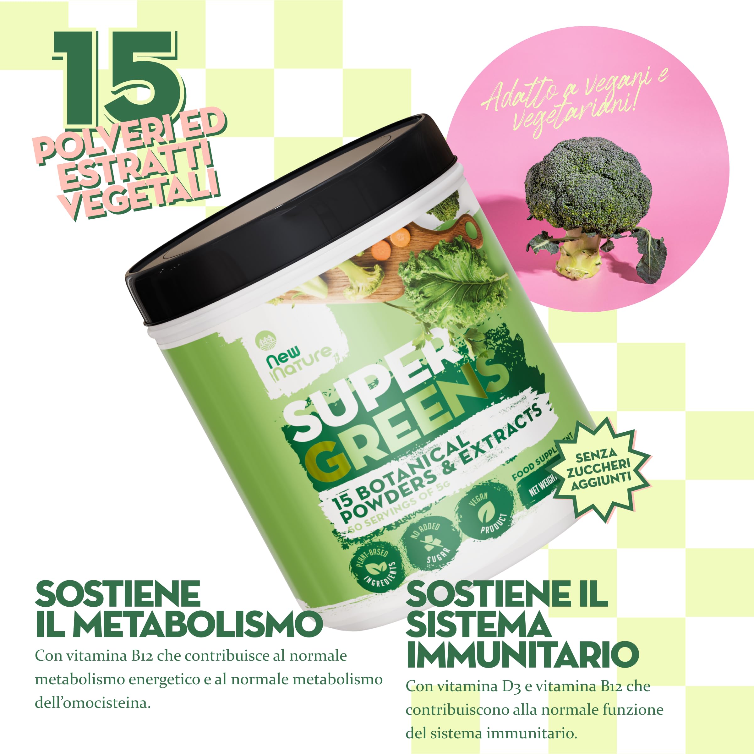New Nature Super Greens in Polvere - 250g (50 Dosi) - 15 Superfood - Spirulina, Clorella, Tè Verde - Vegan, Senza Zuccheri, Made in Germany