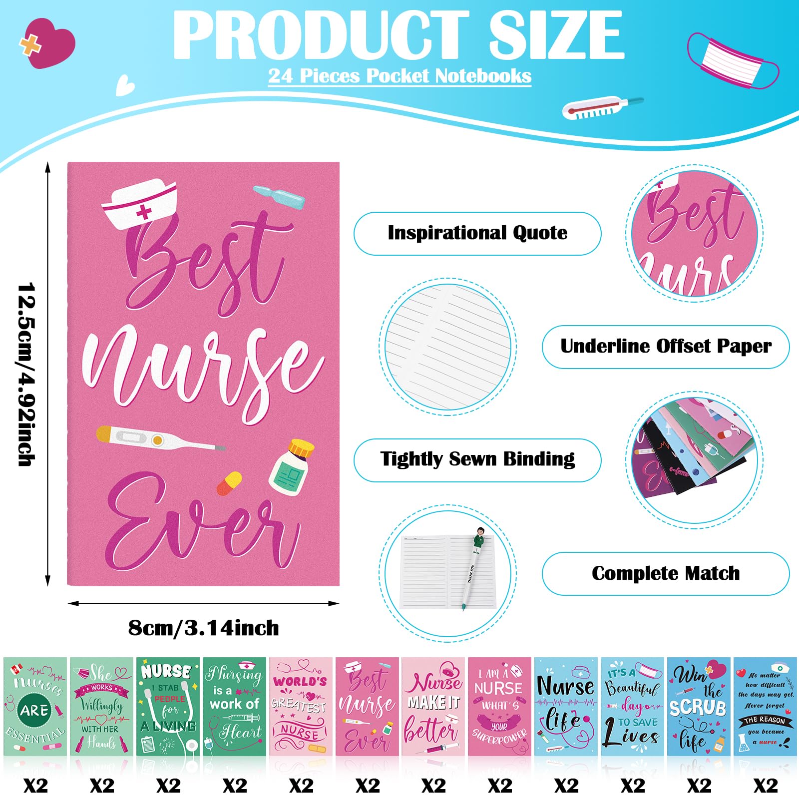 24 Sets Nurse Appreciation Gift Bulk Thank You Gifts for Nurses Inspirational Notebooks Nursing Pens Nurse Keychain Nurses Week Gifts for Medical Nursing Student Assistant Doctor Hospital Staff - Image 2