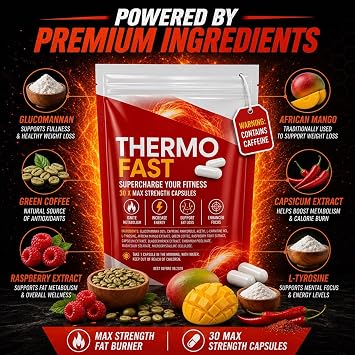 Thermo Fast Extreme Fat Burners - Fat Loss Max Strength Capsules for Women and Men - Lose Belly Weight Fast Raspberry Ketones, Cayenne Pepper, Chromium