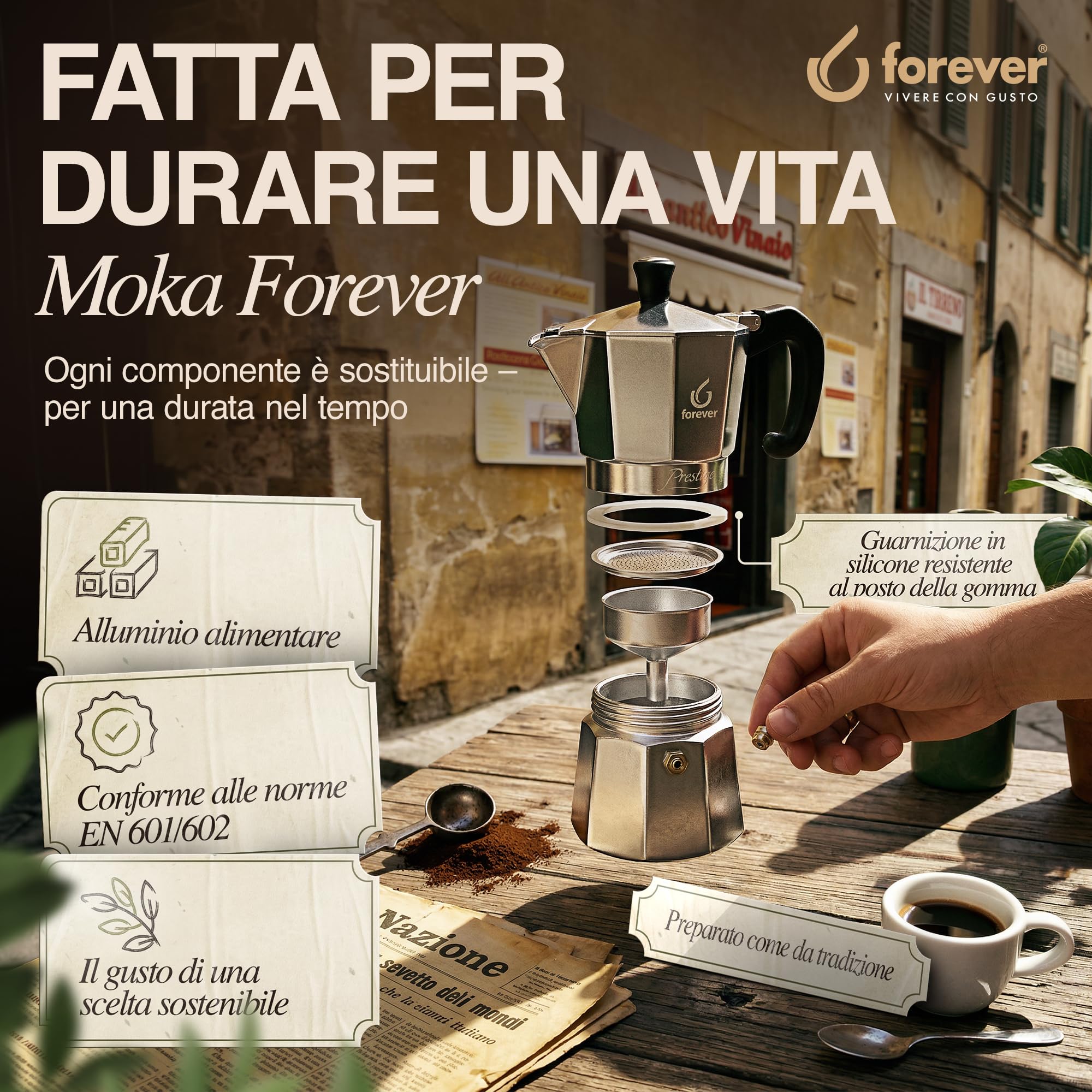 FOREVER Miss Moka Prestige INDUCTION 12 Tazze | Caffettiera Moka per Piano a Induzione | Macchina da Caffè in Innovativo Materiale Composite a 2 Strati | Con Guarnizione in Silicone