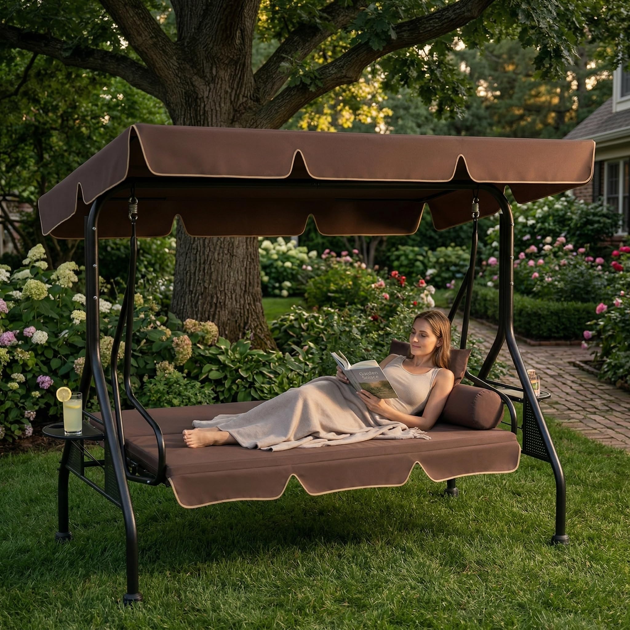 UISEBRT 3-Sitzer Hollywoodschaukel mit Liegefunktion,Gartenschaukel mit Verstellbare Sonnendach,2 Kissen, 2 Tabletts,Outdoor Schaukelbank bis 350kg belastbar für Garten, Pool, Terrasse,Braun