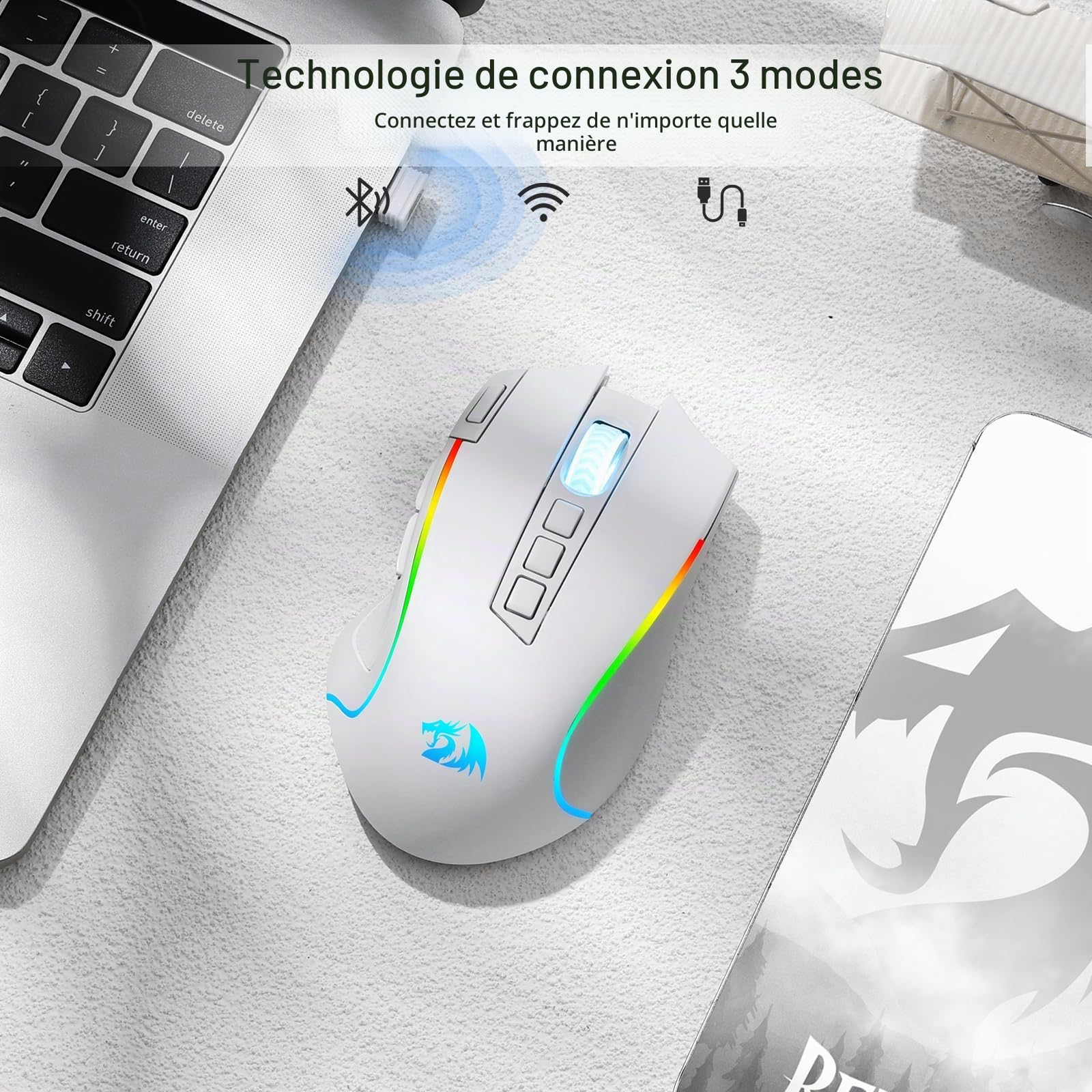 Redragon M612 Pro Souris sans Fil 8000 DPI 9 Boutons Blanche