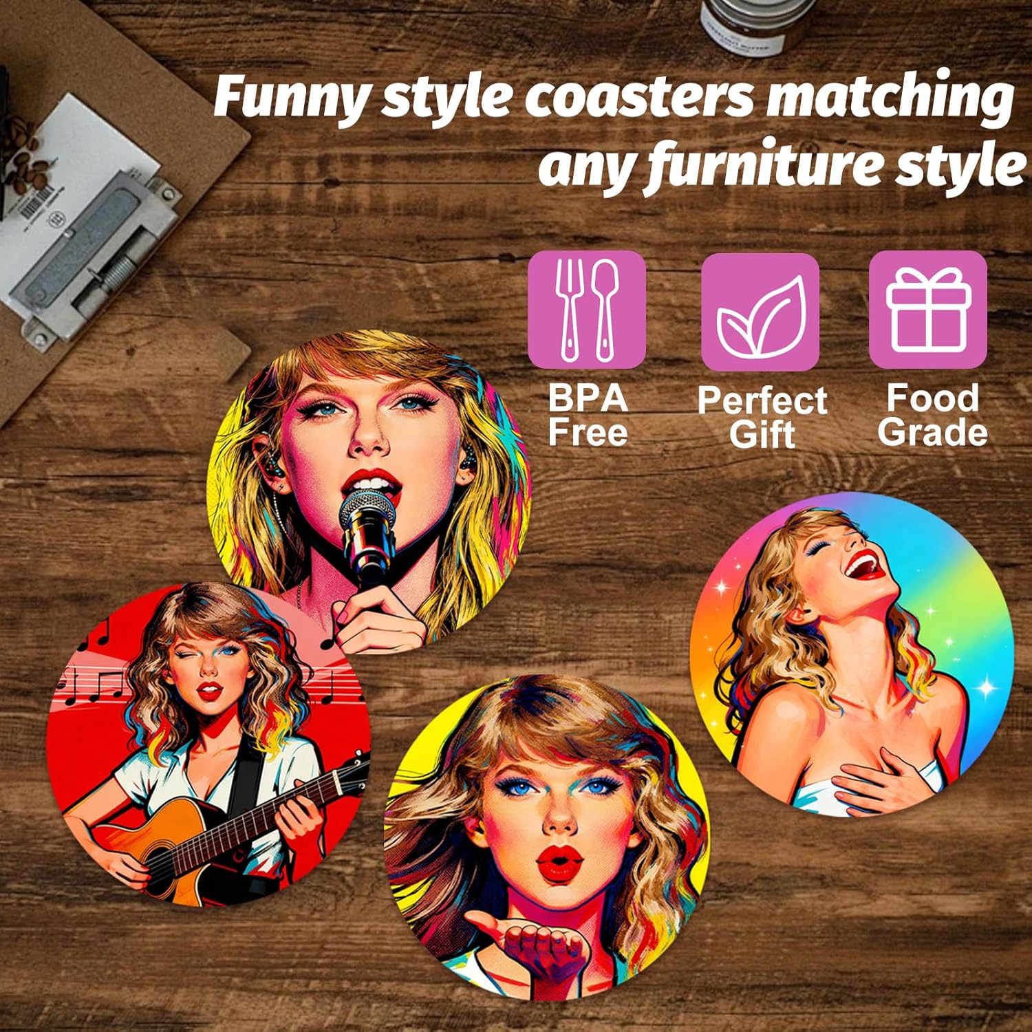 Set of 8 Taylor Wood Coasters with Holder,Singer Diamond Art Painting Wooden Coasters for Table Protection Drink Cup Cork Base Farmhouse Housewarming Gifts Decor for Swifties Fans Music Lovers - Image 6