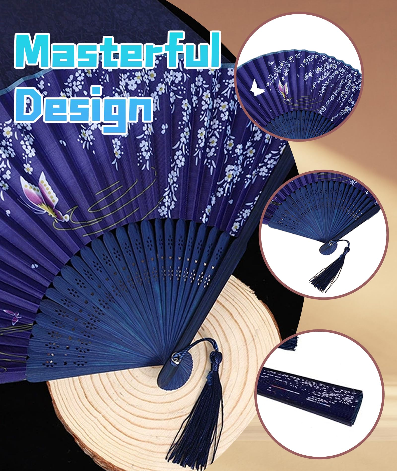 NHCDFA 2 Pcs Hand Fan Manual, Japanese Fan, Chinese Fan for Hand Paper Fans for Decoration for Dancing Cosplay Wedding Party Props Decoration, White and Blue, 10 cm 4