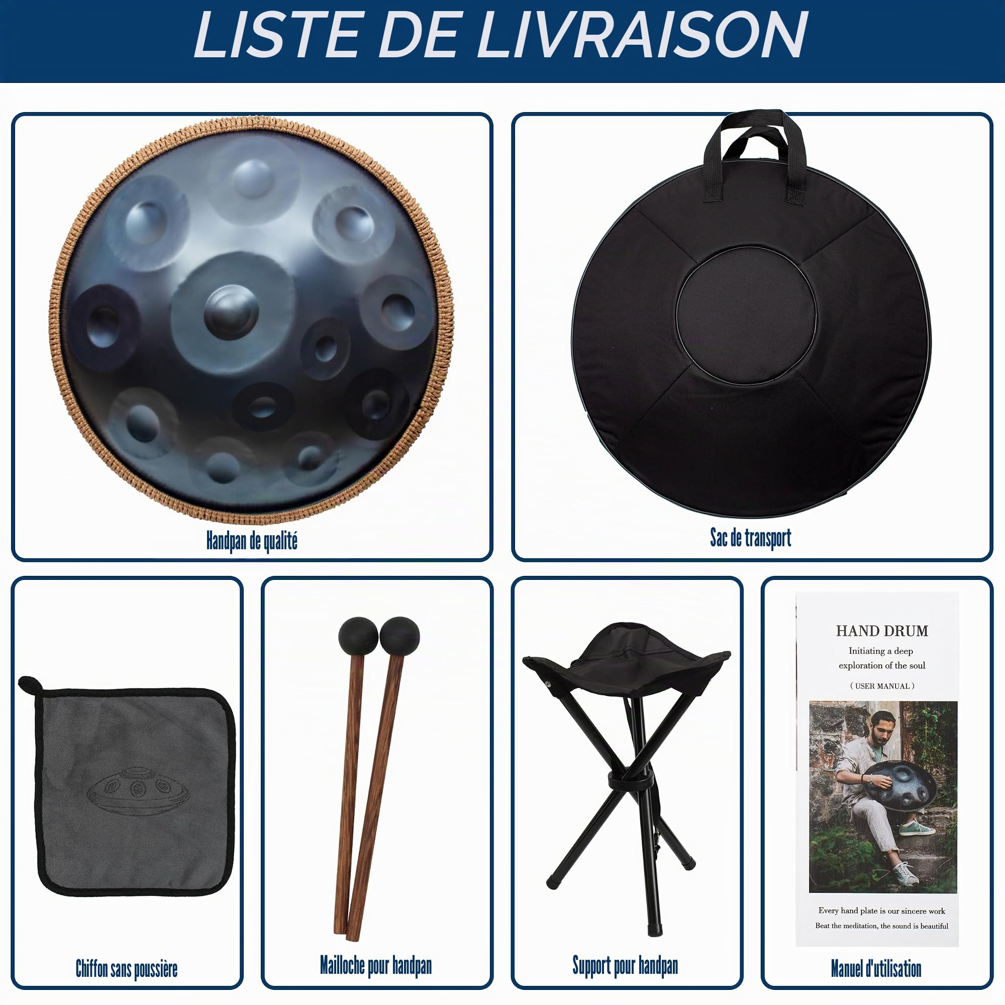 Handpan, Steel Drum, Hand Pan Drum, Bleu Nuit | 440HZ 14 Notes D Mineur 22 Pouces 56cm Handpan, Handpan Adulte Méditation et Yoga, Drum Instrument avec Housse et Support