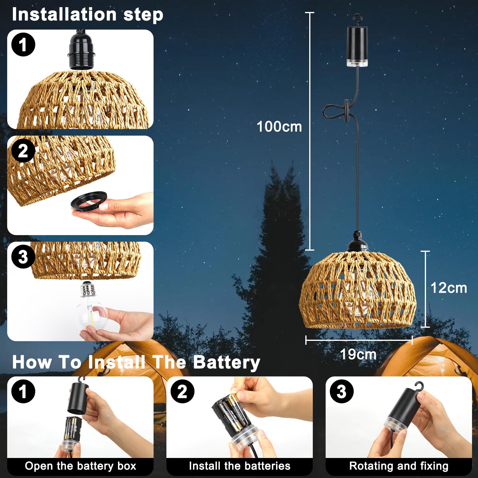 Lightess LampadariLightess 3x Lampadario con Batteria - Lampada a Sospensione Portatile Dimmerabile Telecomando, IP65 per Esterni e Interni, Stile Boho, per Giardino, Terrazza, Tavolo (Senza Fili)