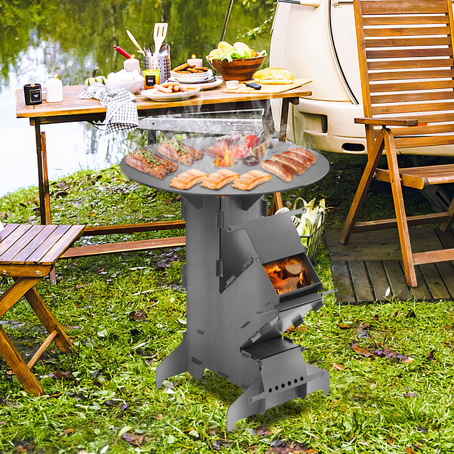 Raketenofen mit Grillplatte groß 5mm, Rocket Stove mit Feuerhaken，Kanonenofen Stecksystem aus massivem 3 mm dickem Stahl，2 zusätzlichen Standfüßen，Holzofen Outdoor für Camping, BBQ, Dutch Oven