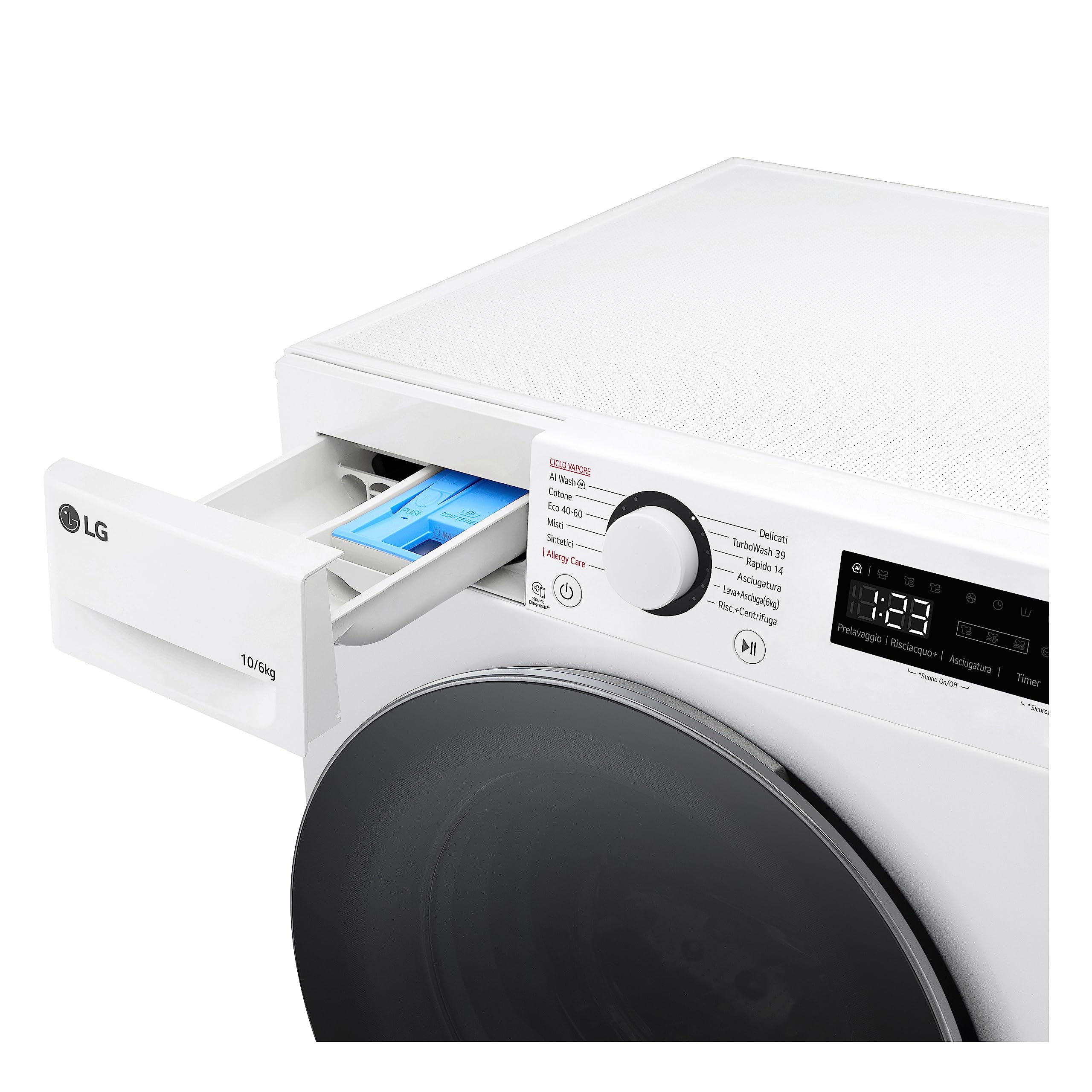 LG AI DD D4R5010TSWS Lavasciuga 10 / 6kg Serie R5 Classe A-10%/D, Lavatrice e Asciugatrice Insieme, 1400 giri, TurboWash360, Steam, Eco Hybrid, Allergy Care, Motore Inverter Direct Drive, Bianca