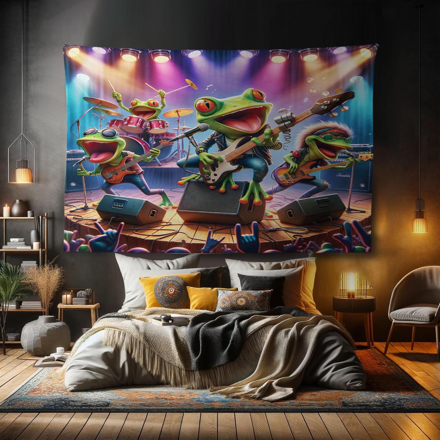 Ambesonne Funny Tapestry, Humorous Animal Rock Band Colorful Concert Stage Whimsical Illustration, Fabric Wall Hanging Decor for Bedroom Living Room Dorm, 90" X 60", Lime Green Multicolor