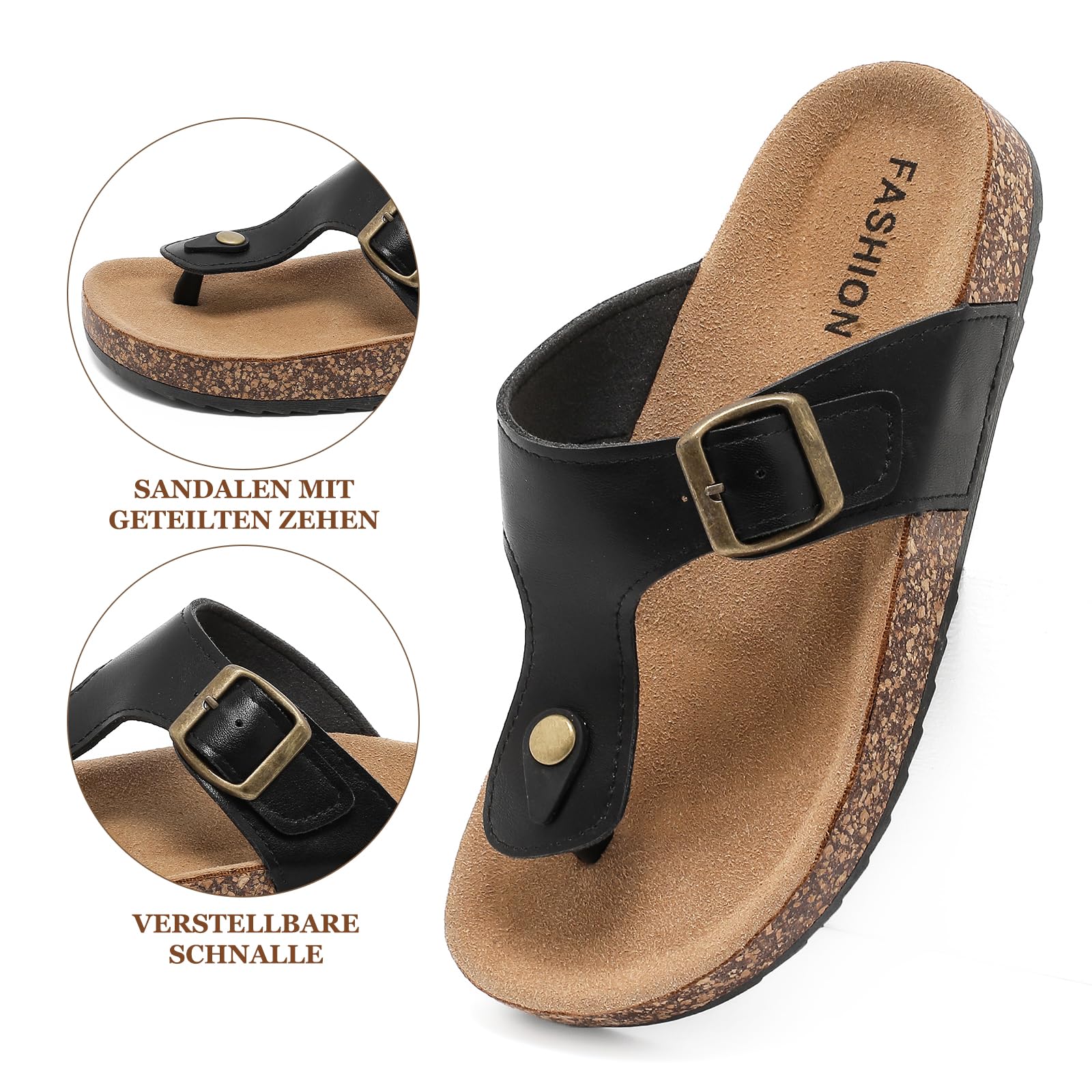 Tongs Homme Femme en Cuir Liège avec Semelle en Liège Sandales d'été Confortables Antidérapantes pour Plage/Piscine, Support Arcaire Plantaire et Semelle Orthopédique Chaussure
