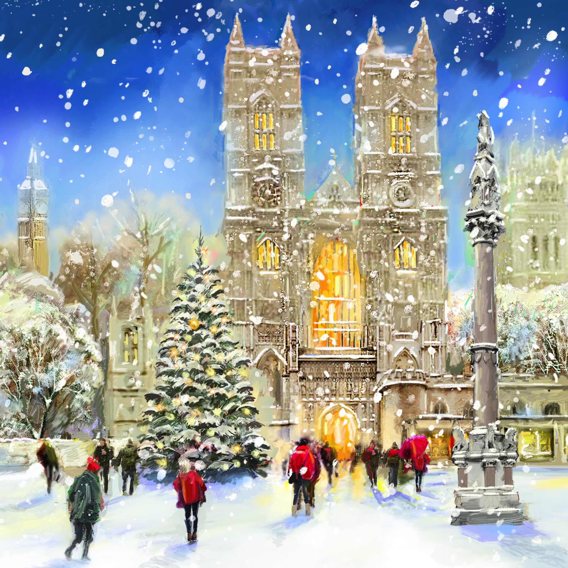 Festive Art Large Deluxe Box of 12 Christmas & New Year Cards in 3 Designs - 160 x 160mm (6.5x6.5in) - Gloss Finish Premium Board - Great British Card Company (Festive Church Visit)