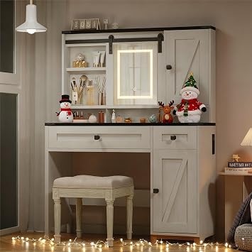 EROMMY 42" Farmhouse Makeup Vanity Desk with Lighted Mirror & Power Strips, Vanity Table with Sliding Barn Door, Open & Hidden Shelves, Drawers, Jewelry Cabinet, White Dressing Table, Light Adjustable