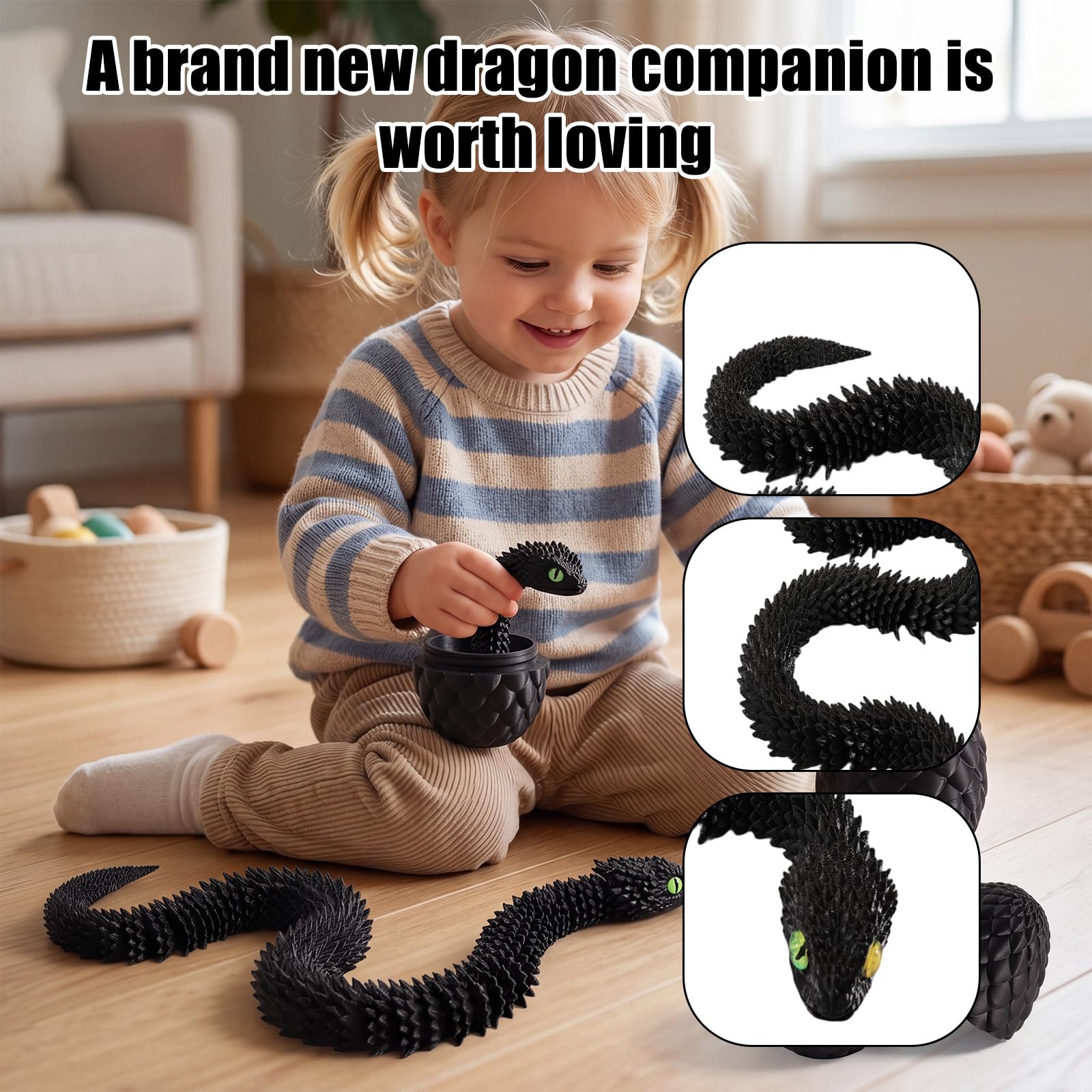 Joycabin Serpente Giocattolo 3D Stampato, Uovo di Drago 3D Stampato Pasqua, Uova di Serpente, Animali 3D Stampati Giocattolo per Bambini Regali, Decorazione da Scrivania e Casa (45cm/Nero)