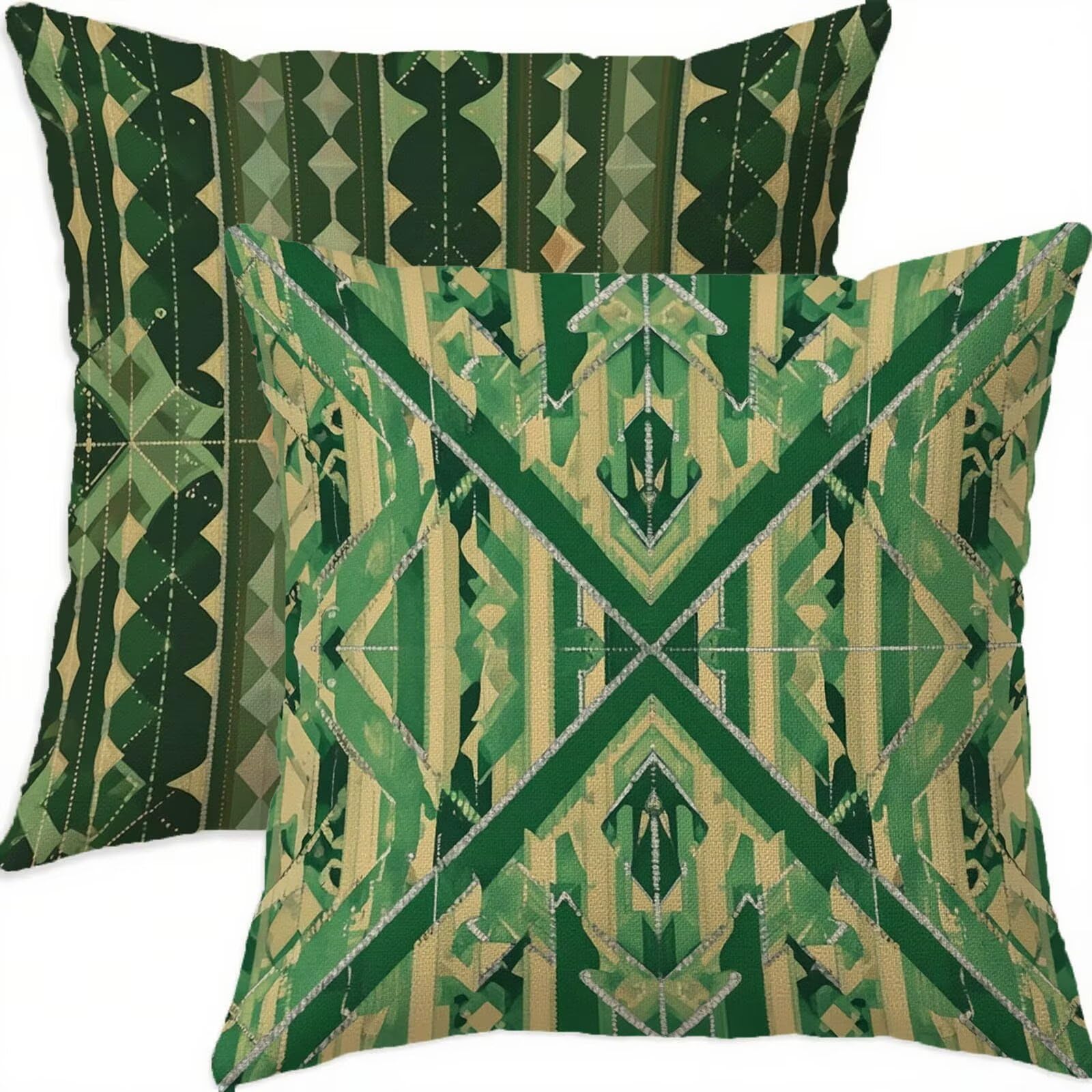 Housse coussin 60x60cm motif géométrique vert en lin | Lot de 2