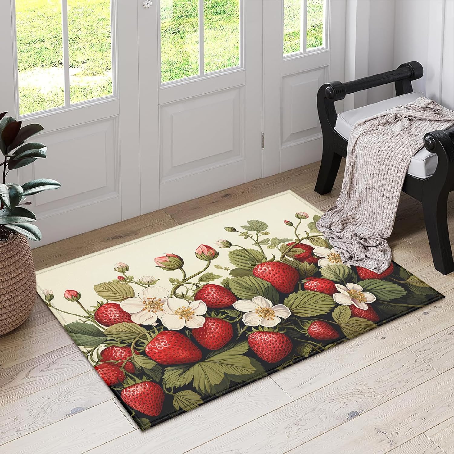 Strawberry Indoor Door Mat, White Flower Outdoor Entrance Doormat for Entryway Kitchen Bathroom 17 X 29 Inch