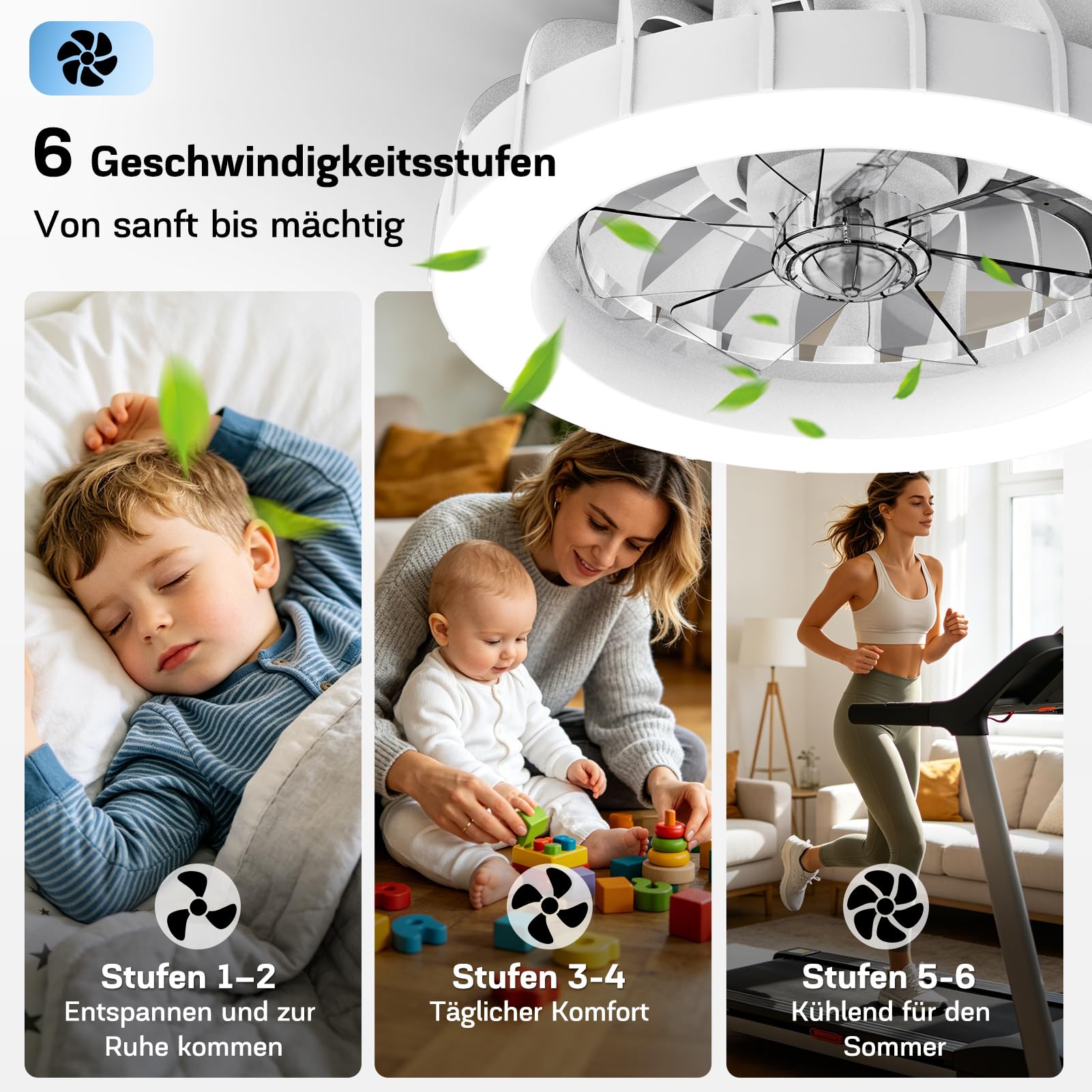 LED Deckenventilator mit Beleuchtung, 48cm Modern, 48W Dimmbar, Fernbedienung, Schwarz-Weiß Ring Design, 220V