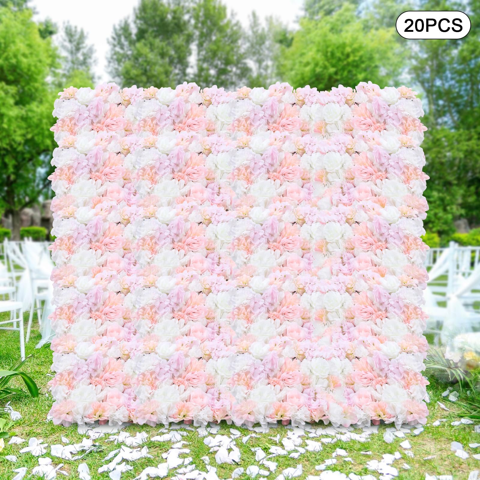 WooDerson 20 paneles de pared de flores artificiales, 60 x 40 cm, flores artificiales, grandes rosa+blancas, paneles de pared para bodas, edificios de fotografía, tiendas de ropa