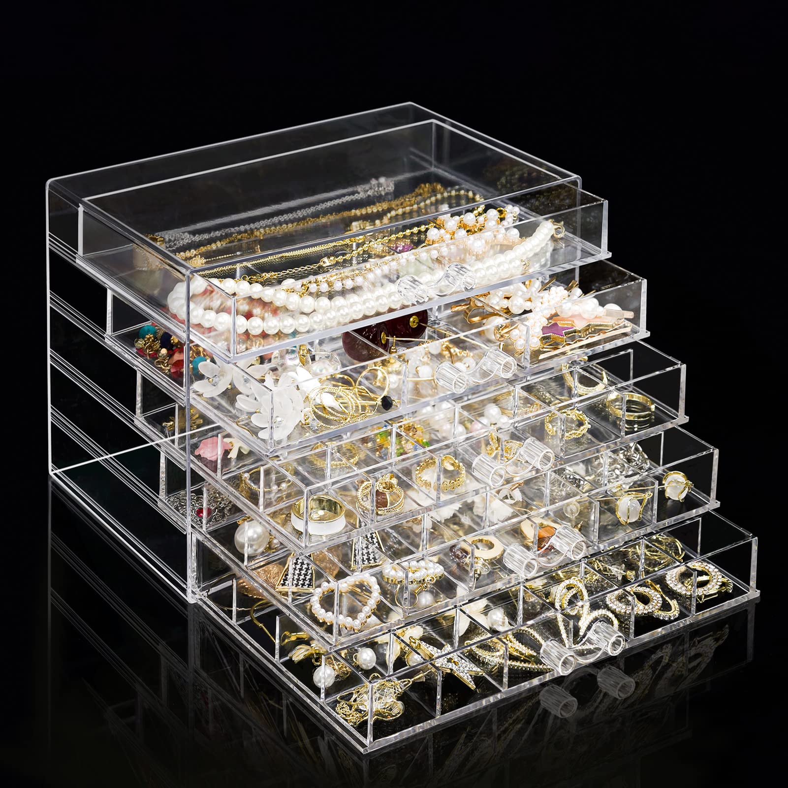 VASZOLAVASZOLA 5 Drawers Clear Earring Storage Box Organizer, 79Grid Adjustable Acrylic Jewelry Storage Box Holder, Transparent Earring Display Case for Women Girls Gift (Clear)