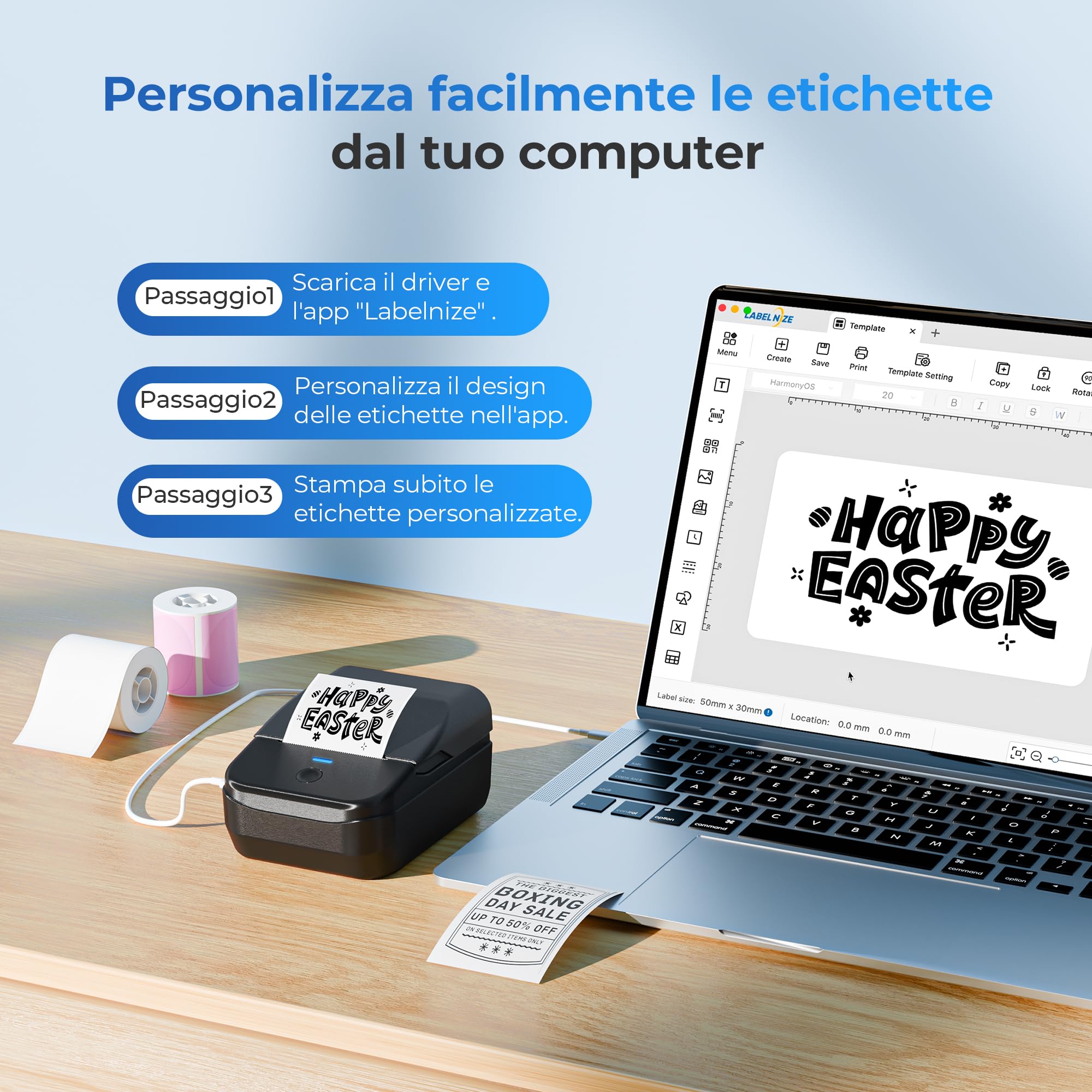 PM240 Stampante termica etichette adesive Bluetooth, Nero | Incluso 3 Rotolo Di Etichette, Stampante Da 2 Pollici, Numerosi Modelli Predefiniti Per Ufficio, Scuola, Casa E Fai‑Da‑Te.