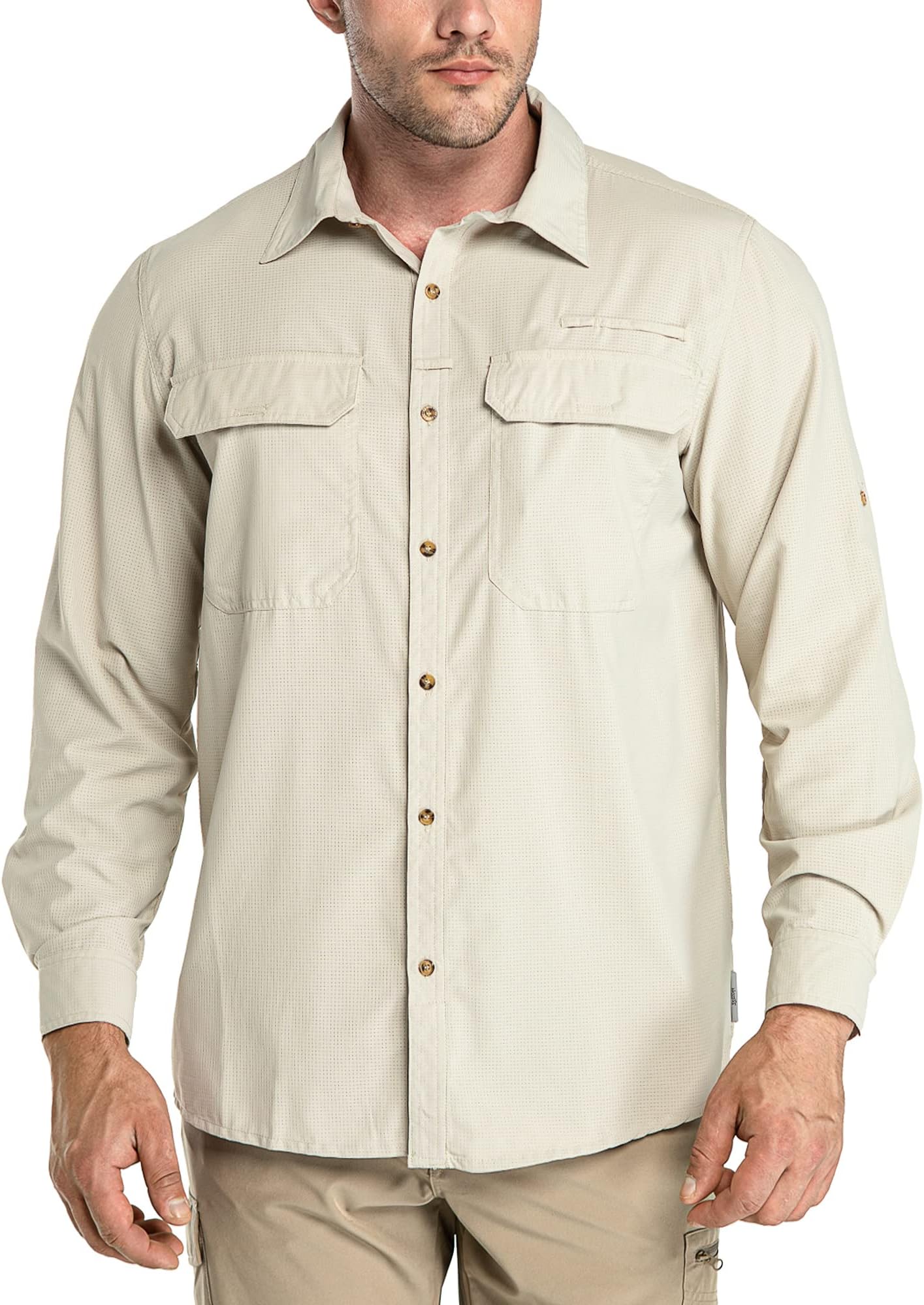 Men's Long Sleeve Shirts UV Protection Safari Shirts Button-Down Shirt Breathable Wicking Quick Drying Outdoor Shirts with Pockets for Hiking Fishing Golfing